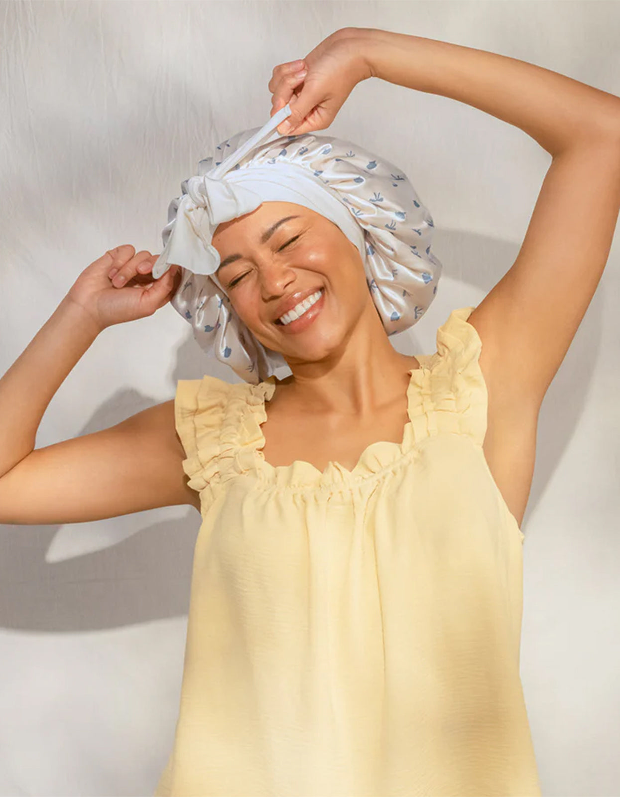 Adjustable Oversized Satin Bonnet - Pearlized Cream & Coastal Blue Print