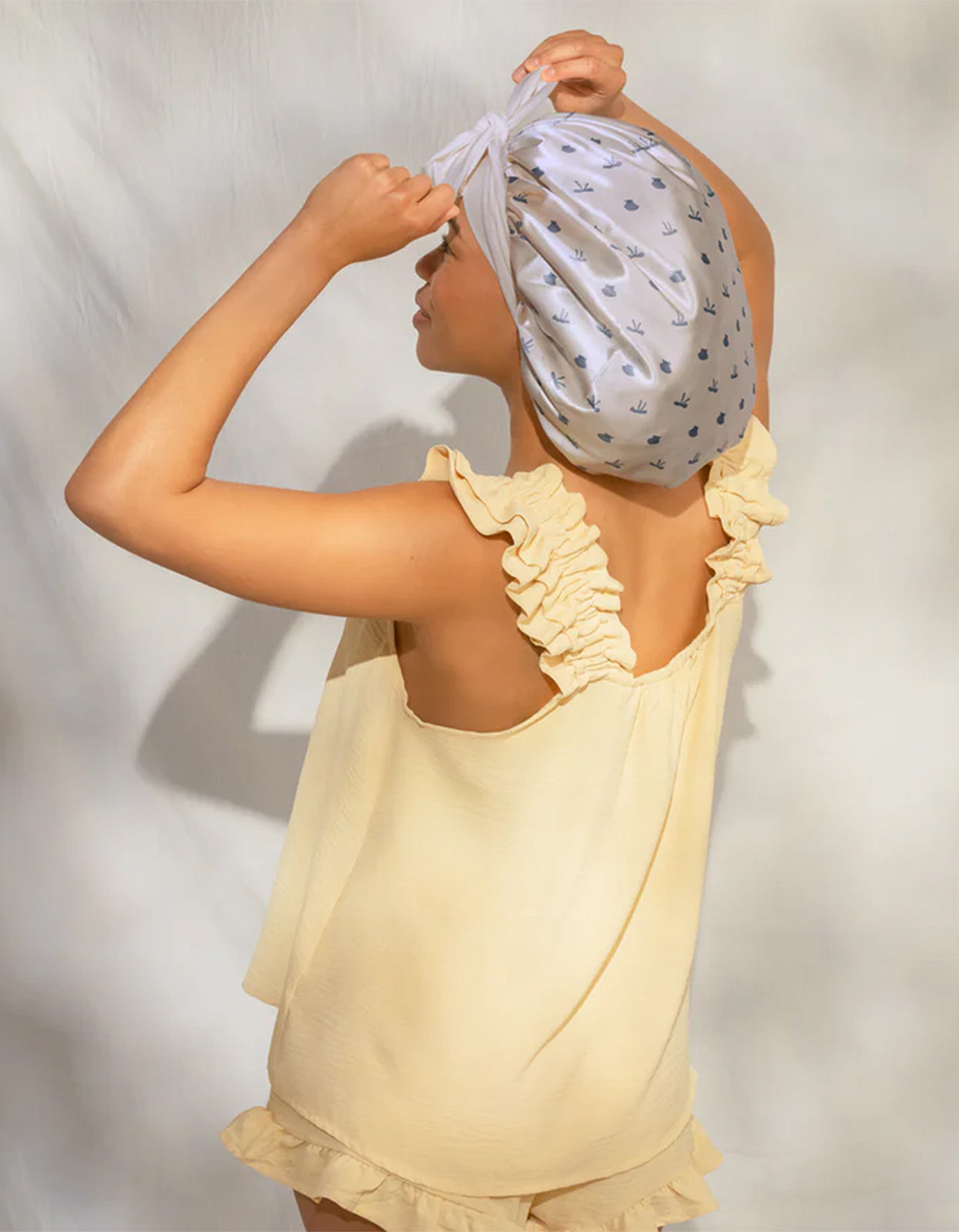 Adjustable Oversized Satin Bonnet - Pearlized Cream & Coastal Blue Print