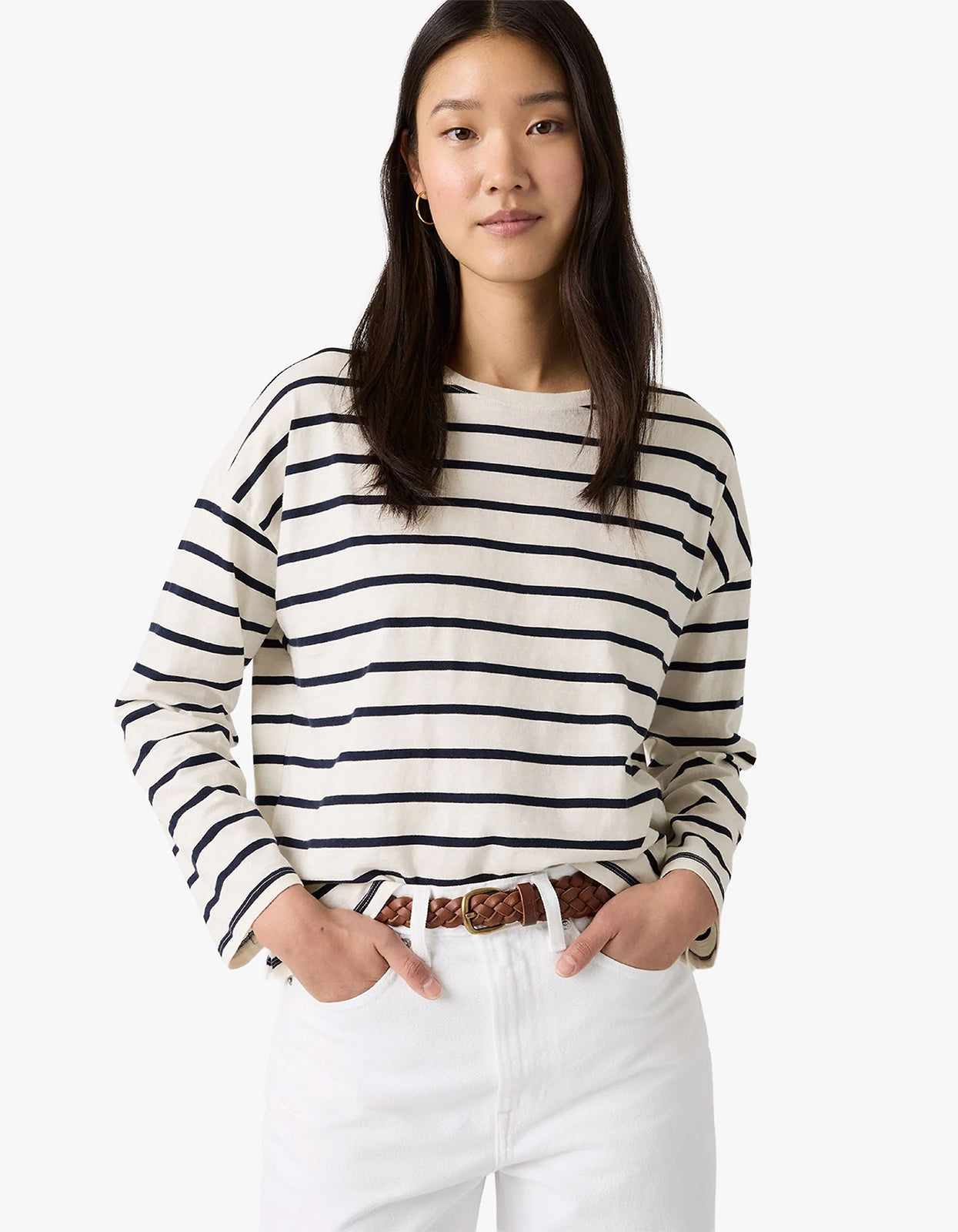 Julie Slub Long Sleeve - Saint Stripe Egret Navy Blazer