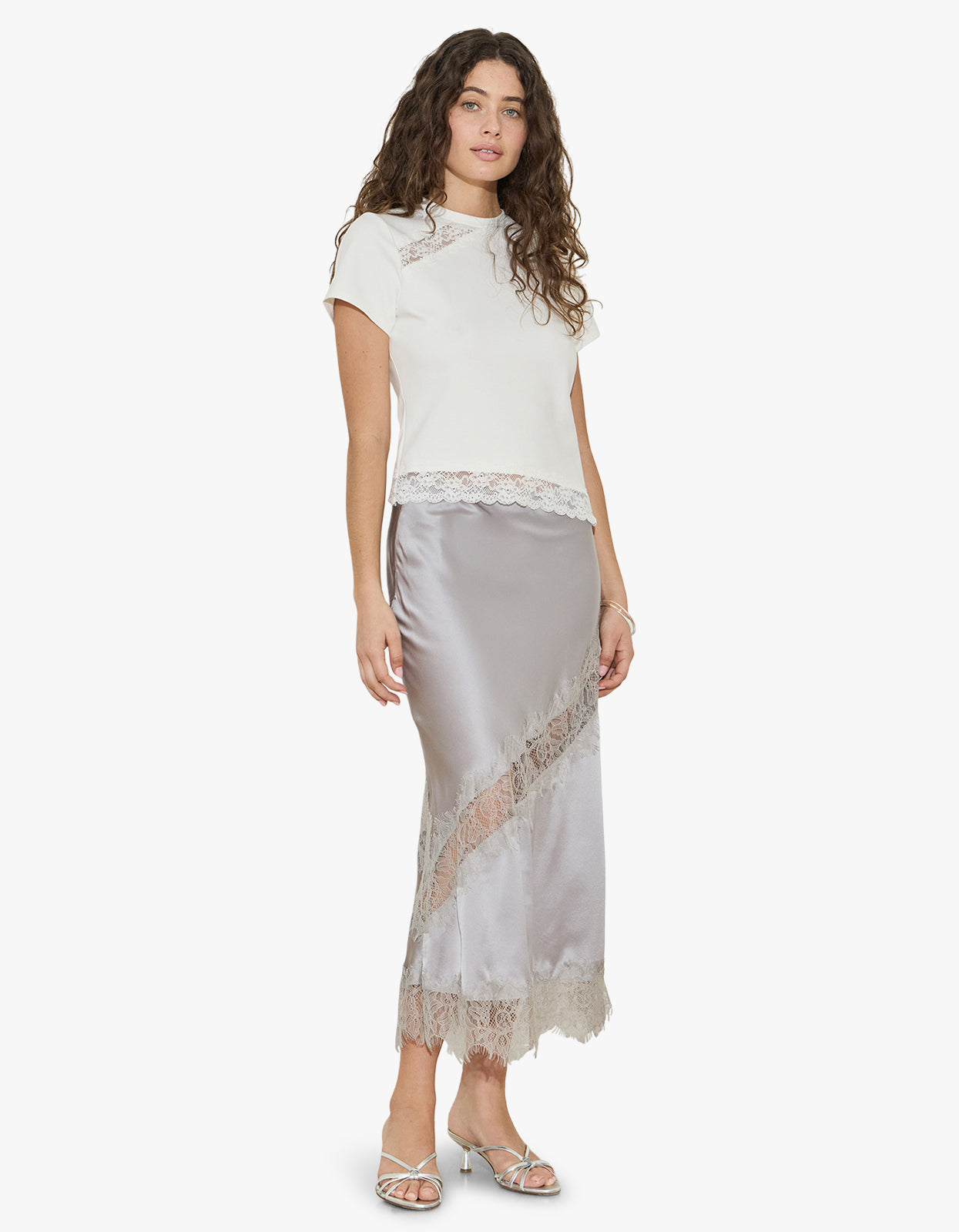 Silk Lace Midi Skirt - Silver