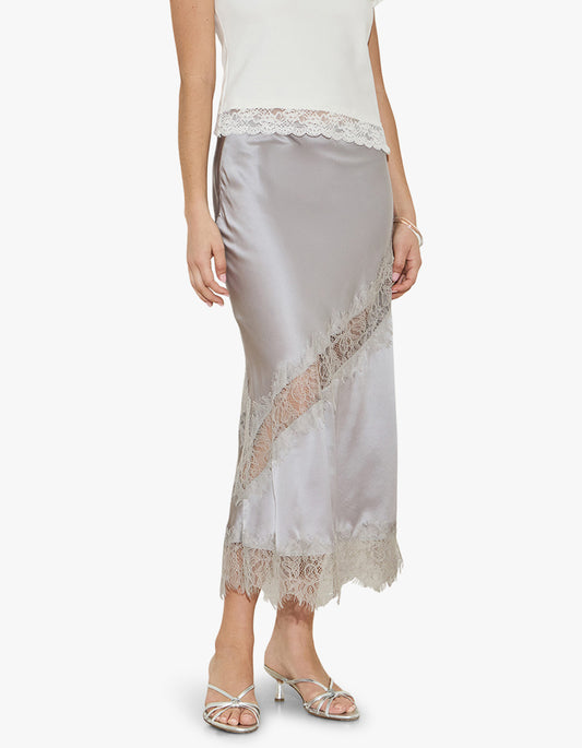 Silk Lace Midi Skirt - Silver