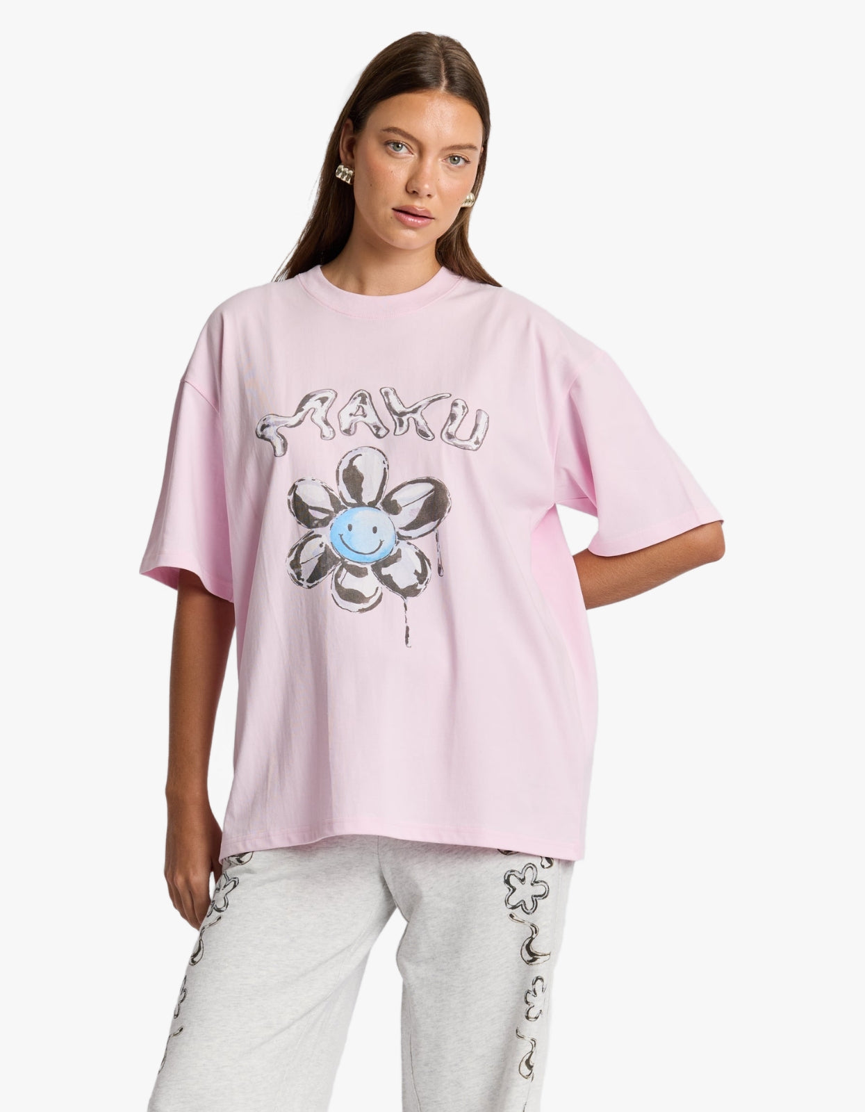 Smiley Flower Oversize Tee - Baby Pink