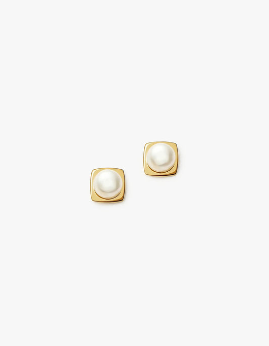 Button Pearl Square Stud Earrings - Gold