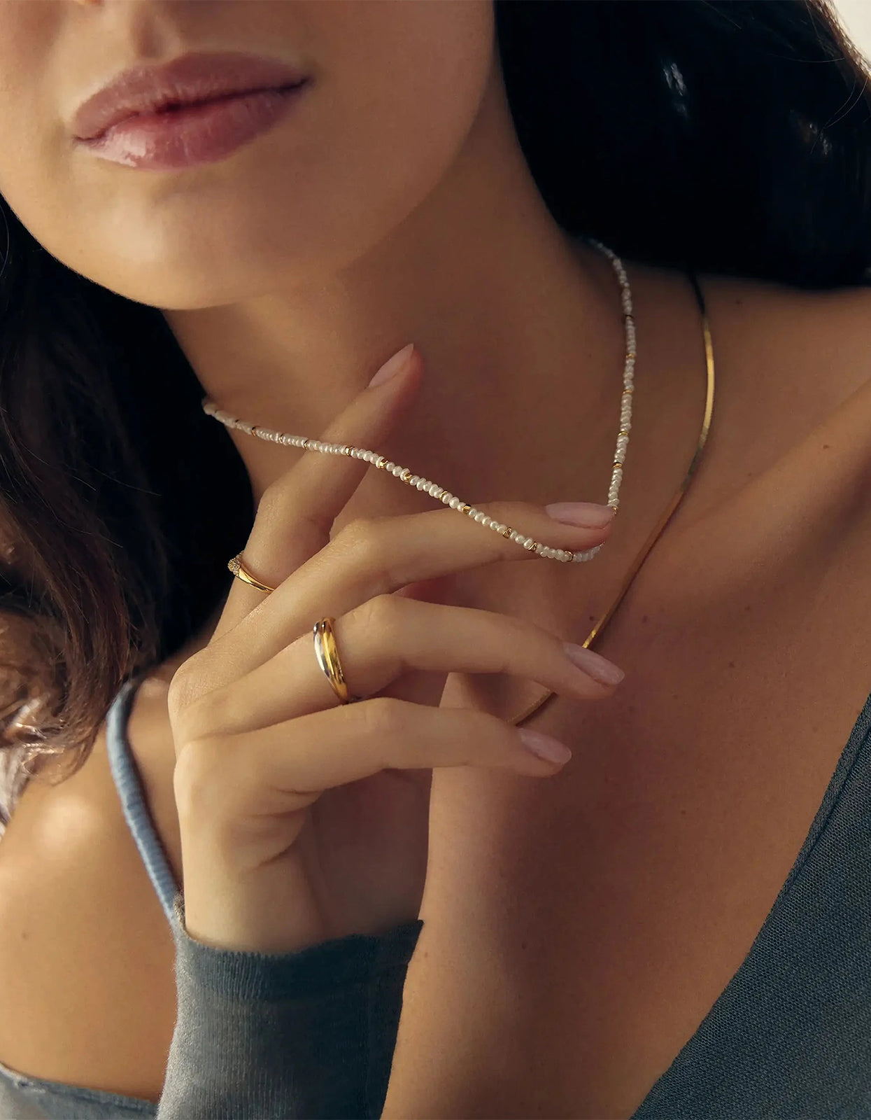 Micro Pearl Beaded Necklace - Gold