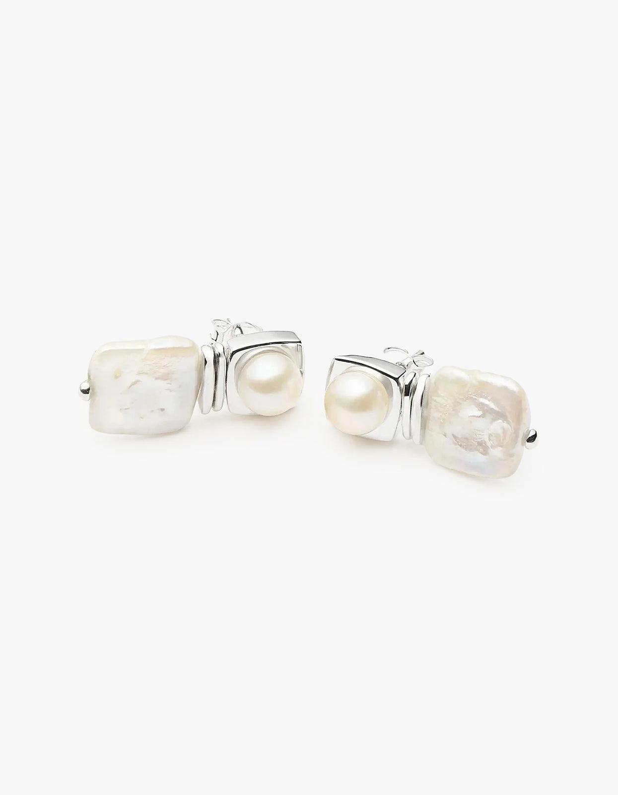 Square Pearl Stud Earrings - Silver