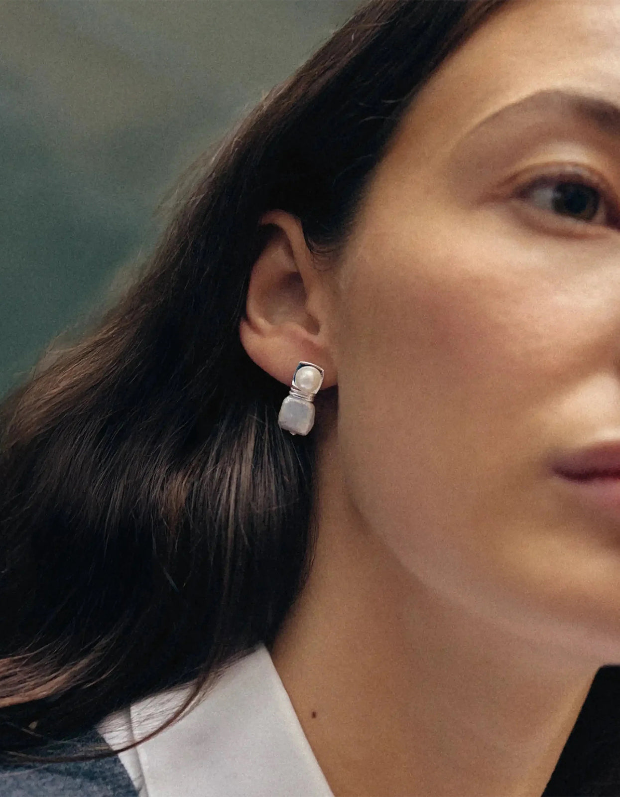 Square Pearl Stud Earrings - Silver