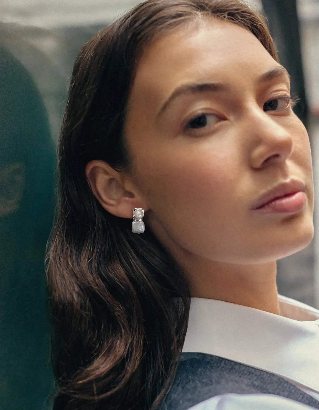 Square Pearl Stud Earrings - Silver