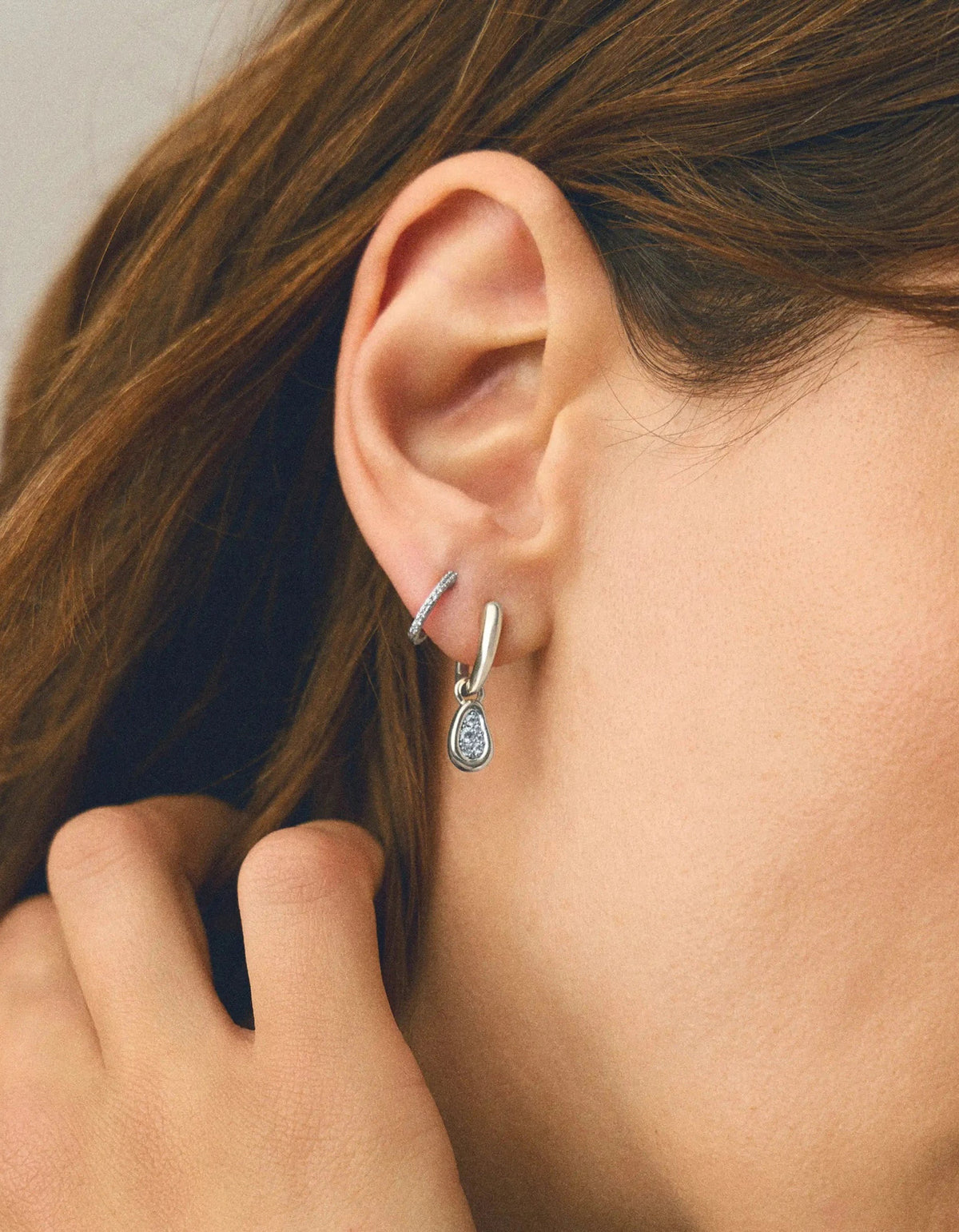 Molten Teardrop Pave Charm Hoop Earrings - Silver