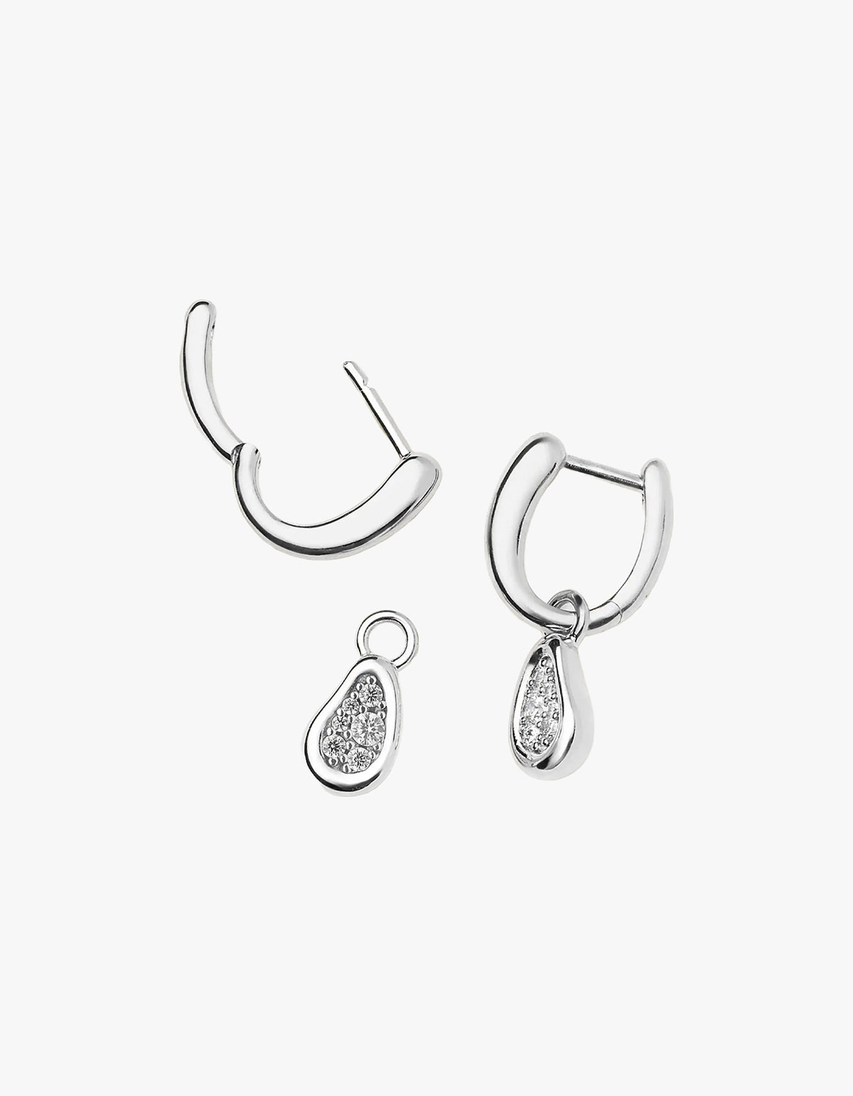Molten Teardrop Pave Charm Hoop Earrings - Silver