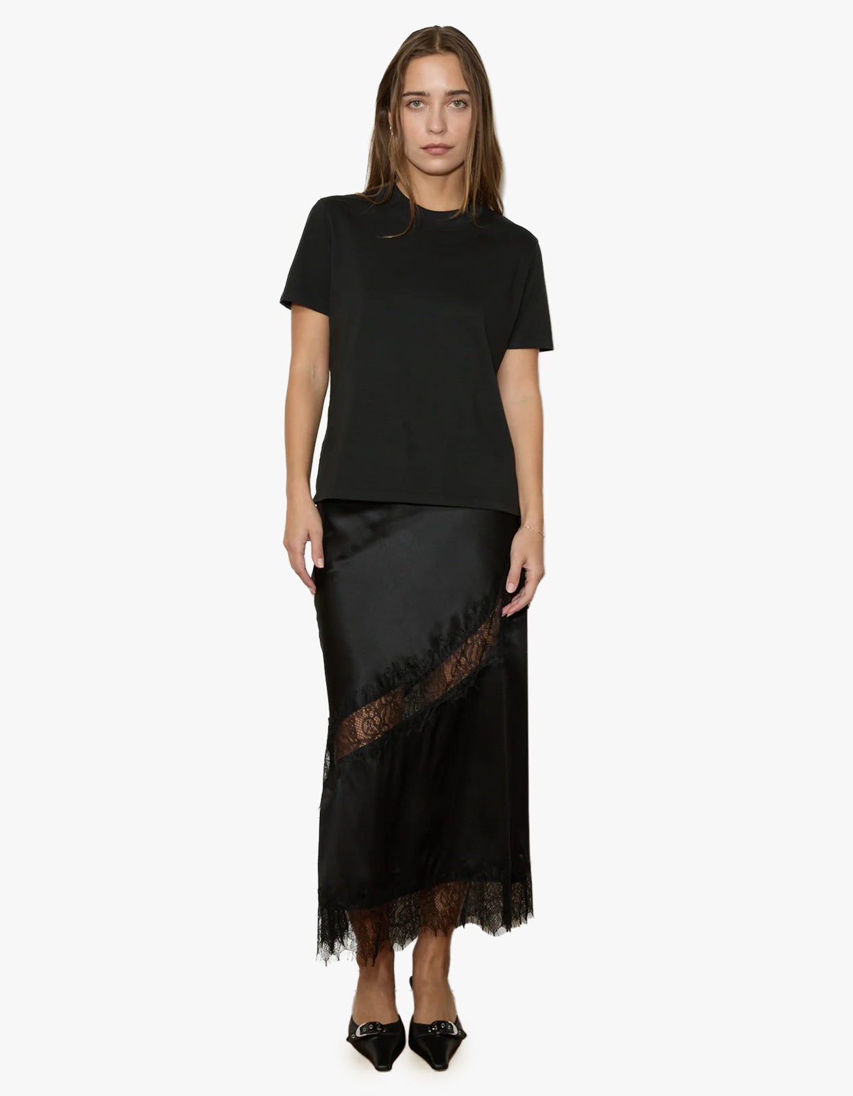 Silk Lace Midi Skirt - Black