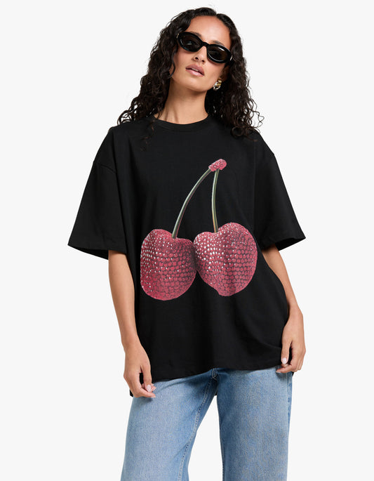 Cherry Baby Acid Wash Oversize Tee - Black