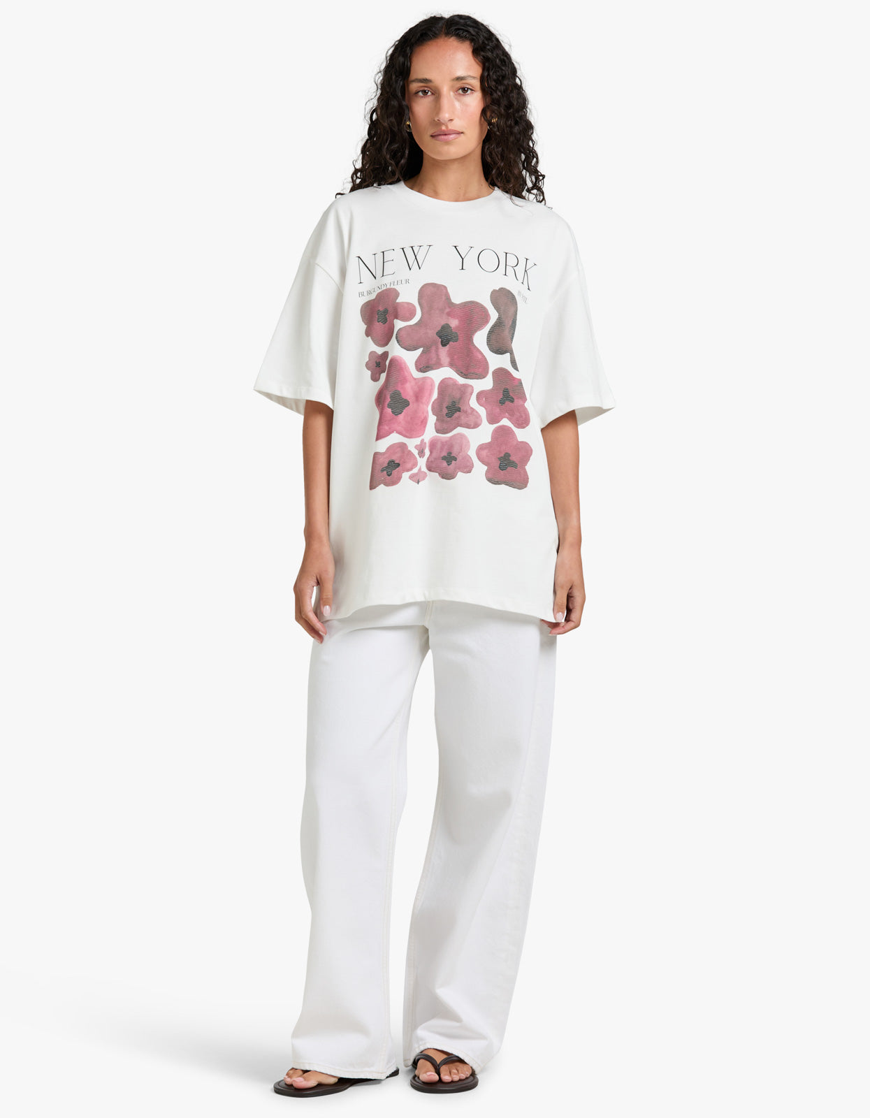 New York Burgundy Fleur Oversize Tee - Lucent White