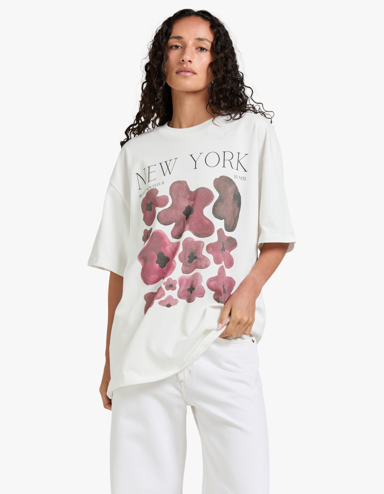 New York Burgundy Fleur Oversize Tee - Lucent White
