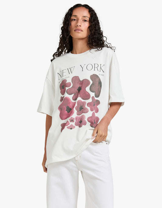 New York Burgundy Fleur Oversize Tee - Lucent White