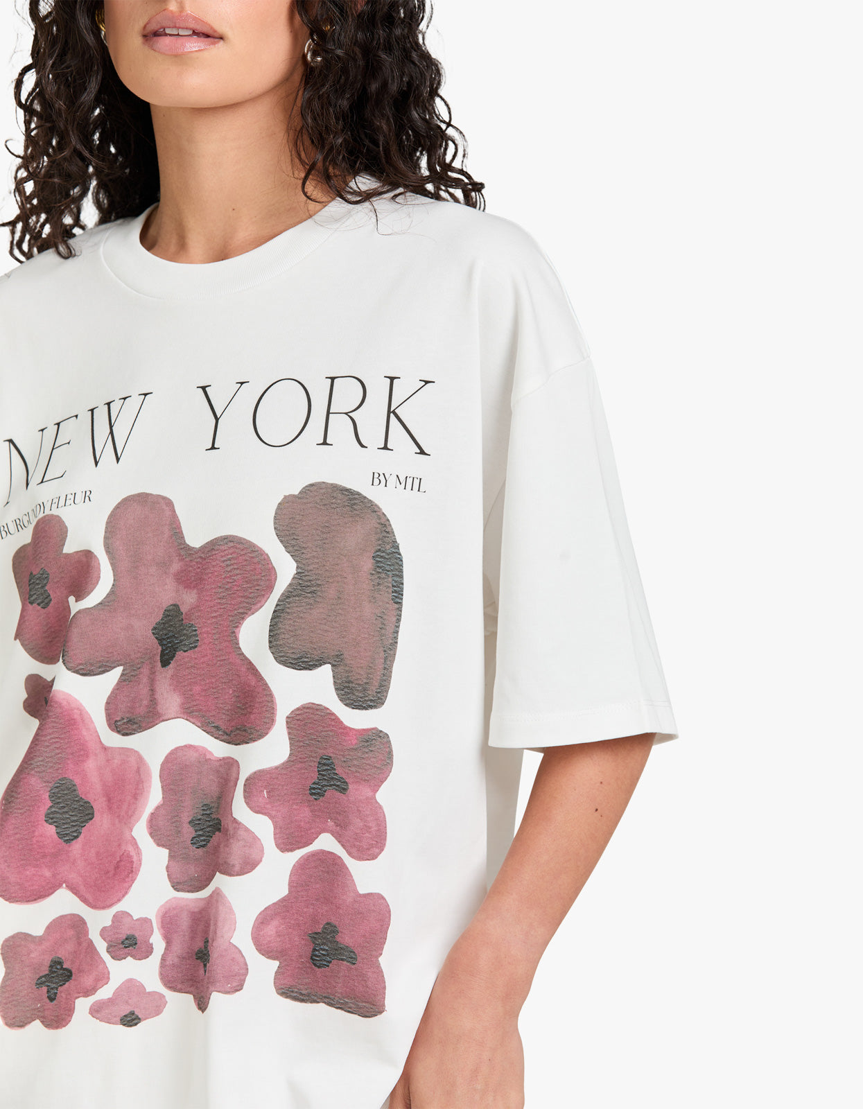 New York Burgundy Fleur Oversize Tee - Lucent White