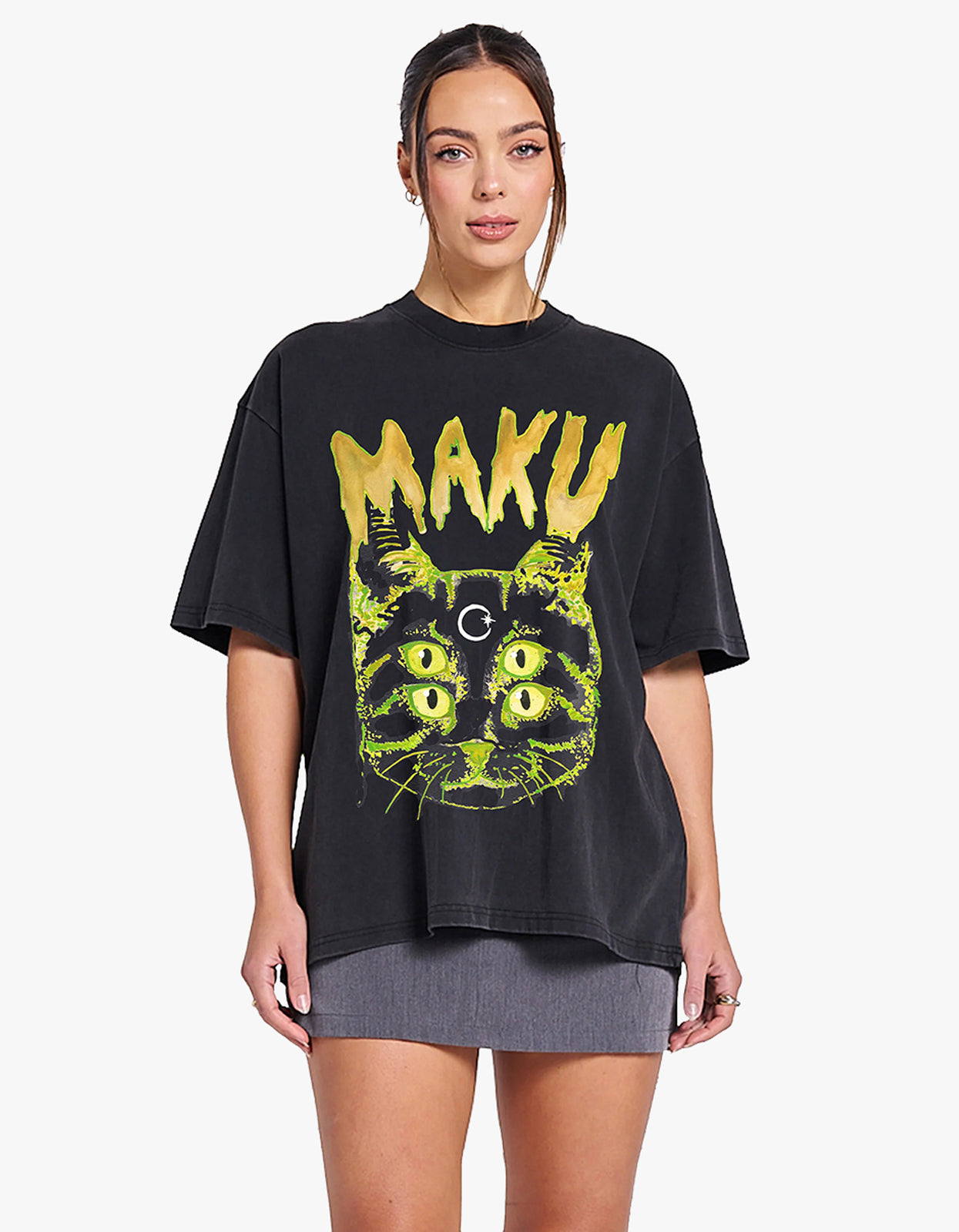 Space Cat Oversize Snow Wash Tee - Black Snow Wash