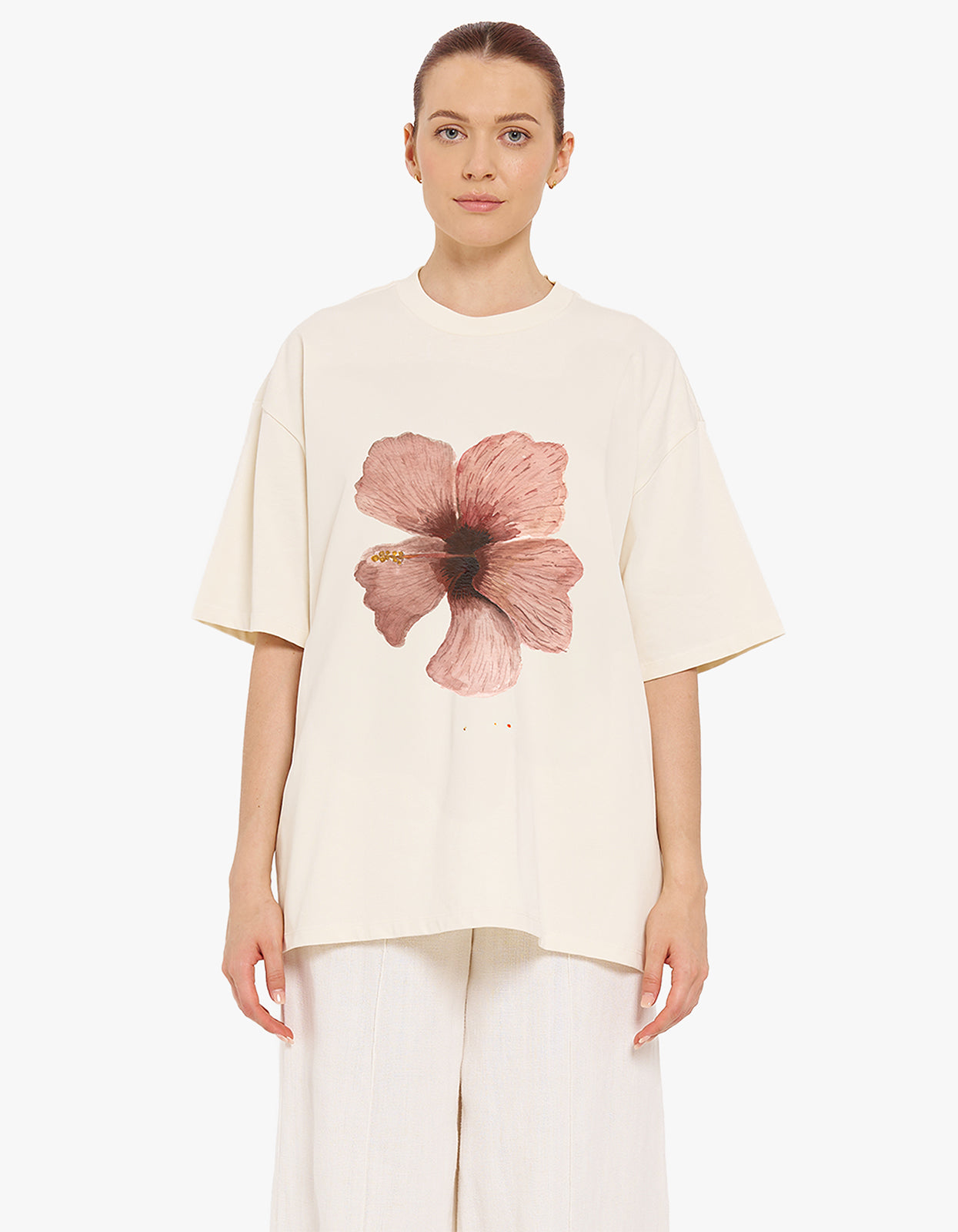 Burgundy Hibiscus Oversize Tee - Ivory