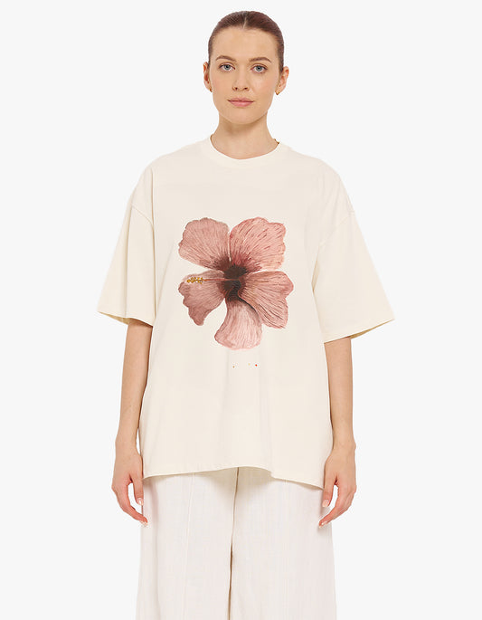 Burgundy Hibiscus Oversize Tee - Ivory