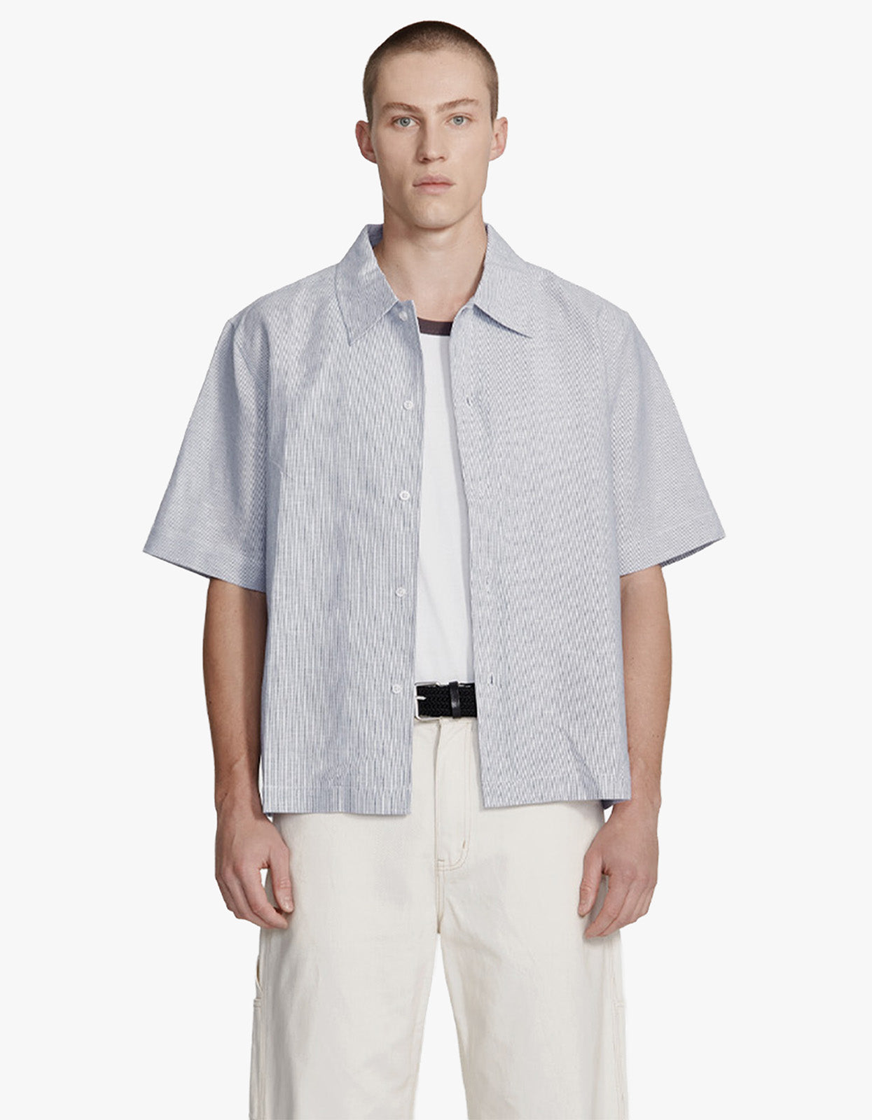 Mens Hemp Blend Box Fit Shirt - Blue Stripe