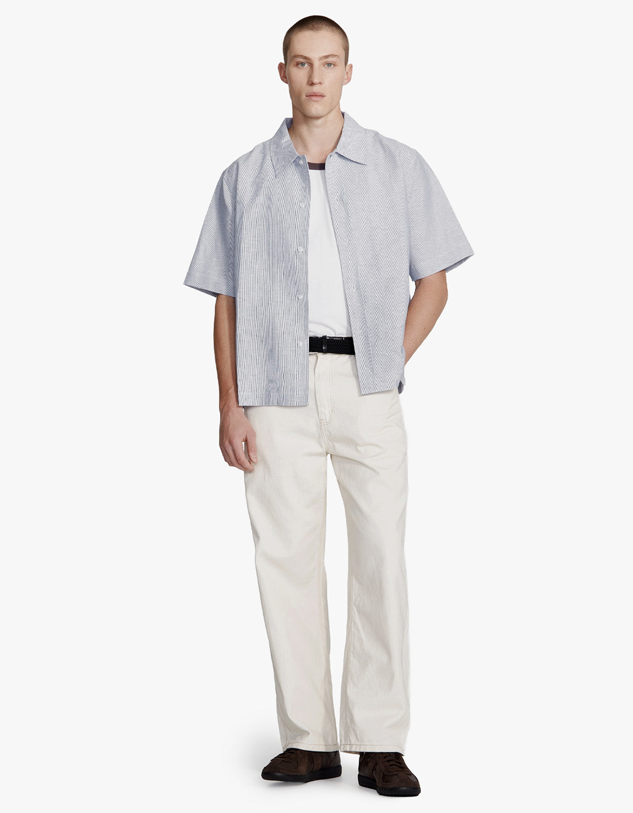 Mens Hemp Blend Box Fit Shirt - Blue Stripe