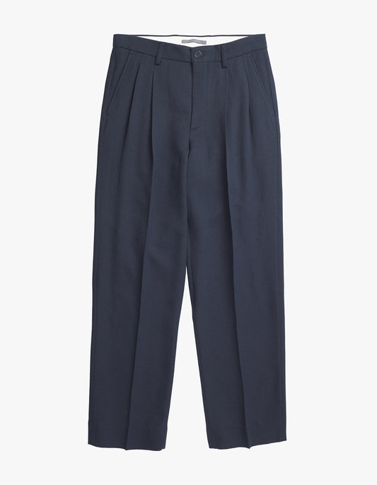 Benn Relaxed Cavalry Cotton Wool Pleated Trouser - Dark Navy