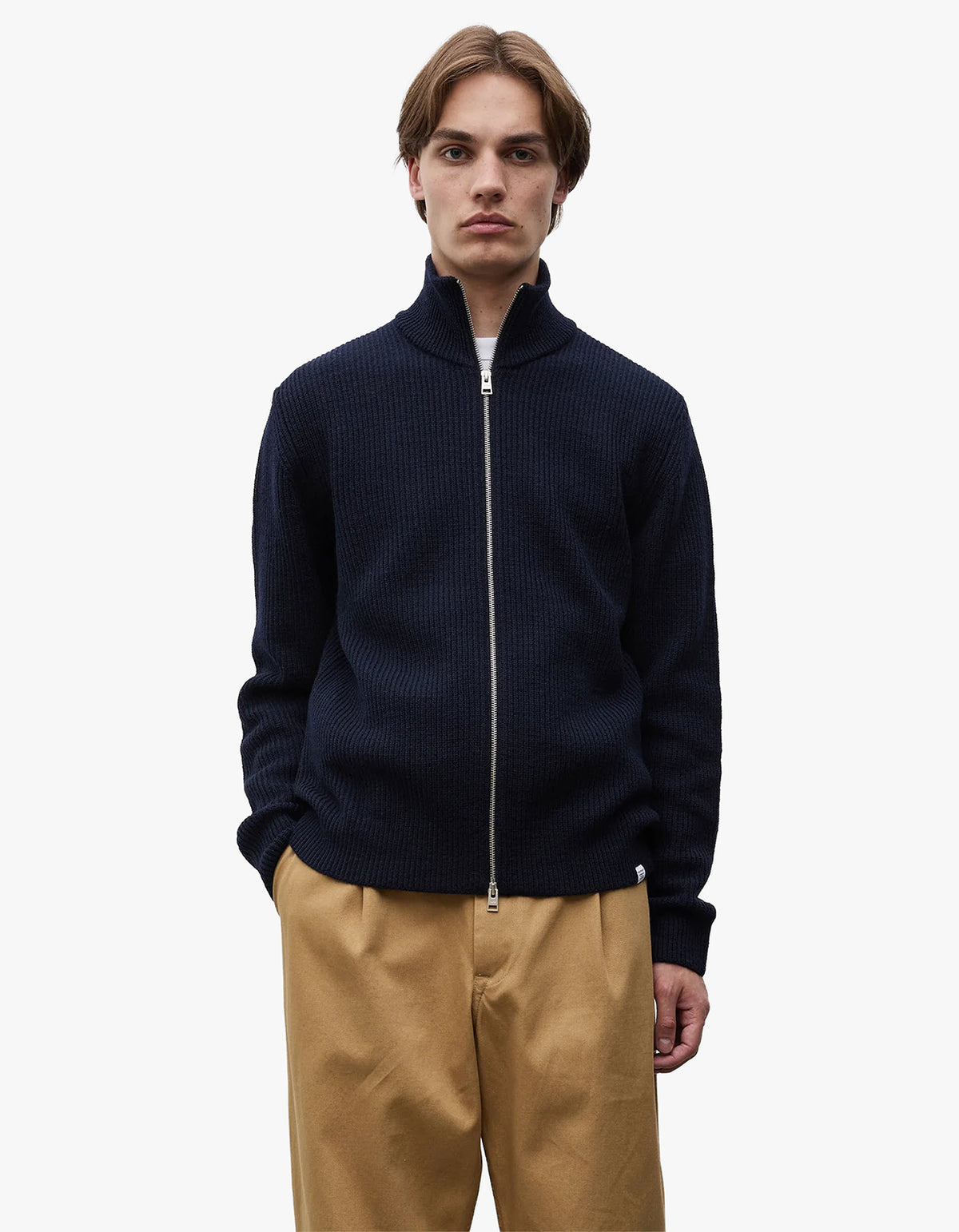 Hagen Wool Cotton Rib Full Zip Jacket - Dark Navy