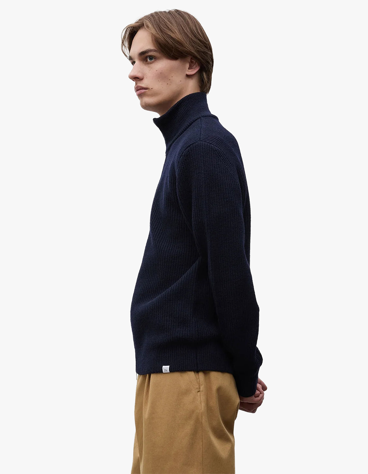 Hagen Wool Cotton Rib Full Zip Jacket - Dark Navy