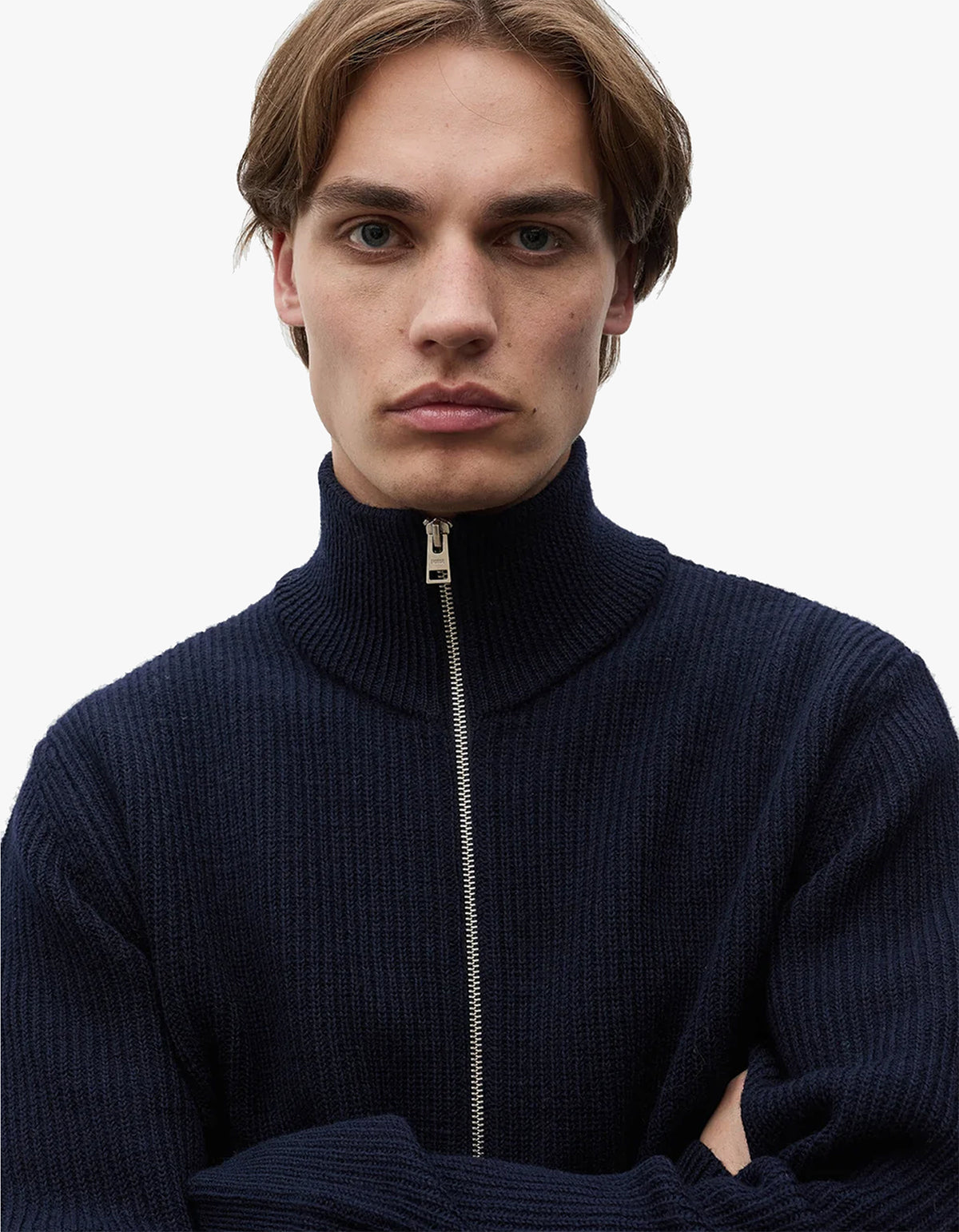 Hagen Wool Cotton Rib Full Zip Jacket - Dark Navy