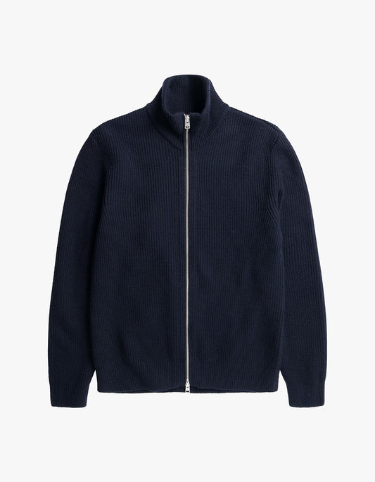 Hagen Wool Cotton Rib Full Zip Jacket - Dark Navy