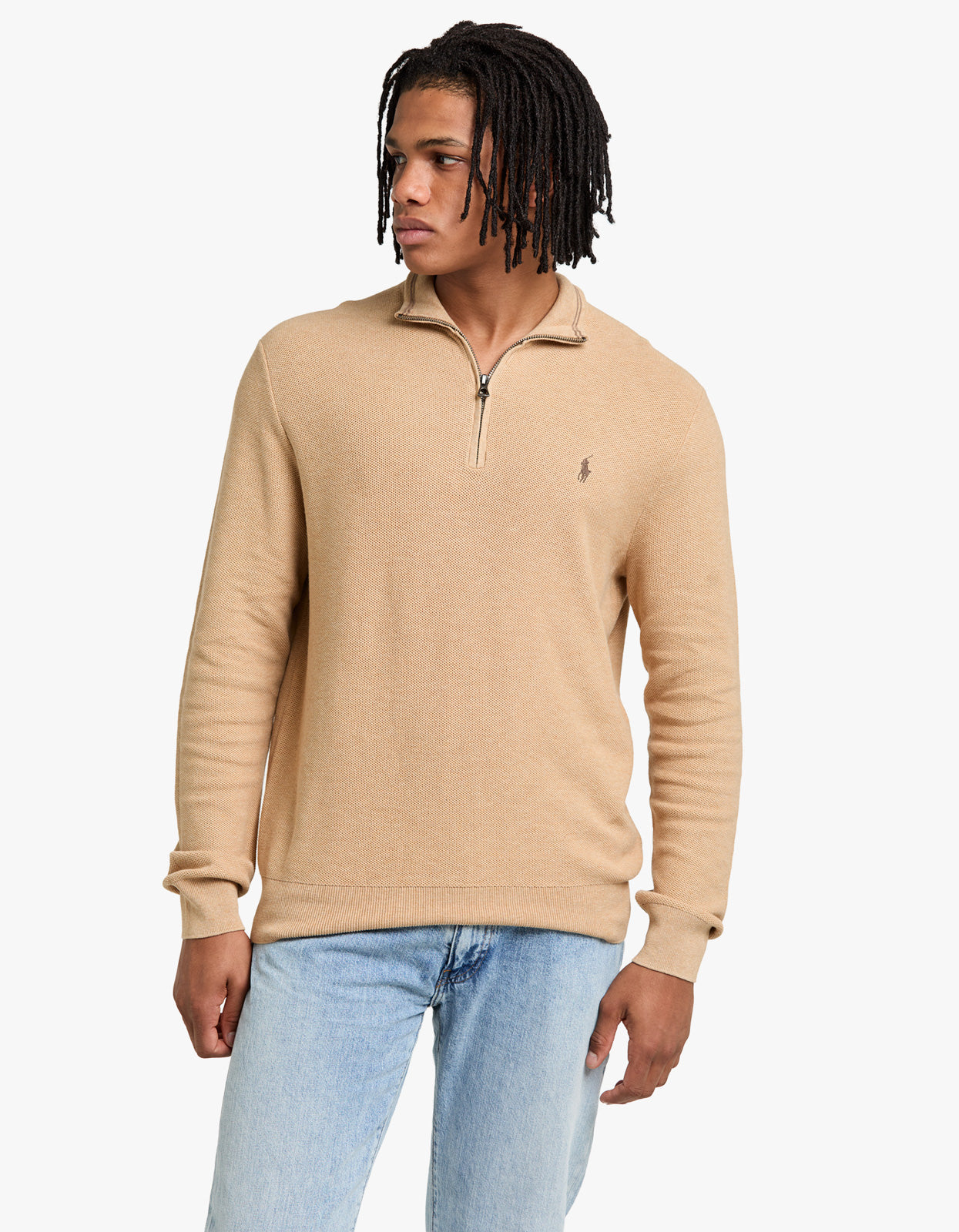 Mesh Knit Cotton Quarter Zip Sweater - Camel Melange