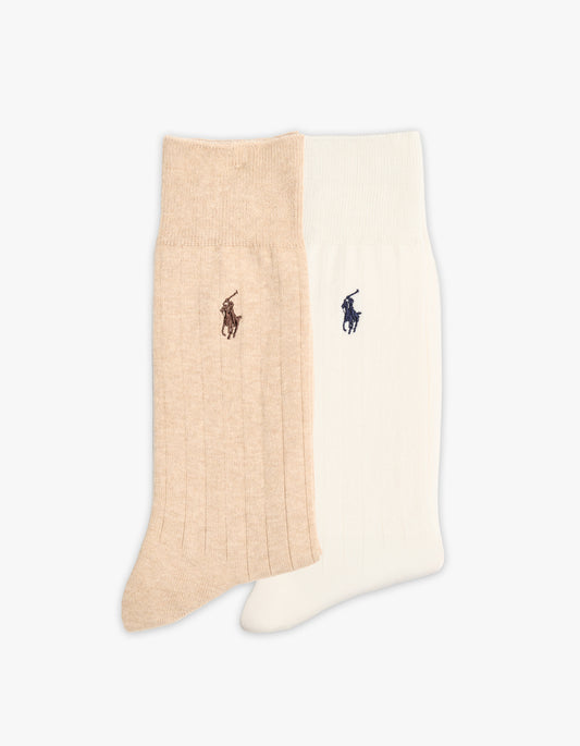 Mens Cotton Dress Crew Socks 2 Pack - Classic Camel Heather/Andover Cream