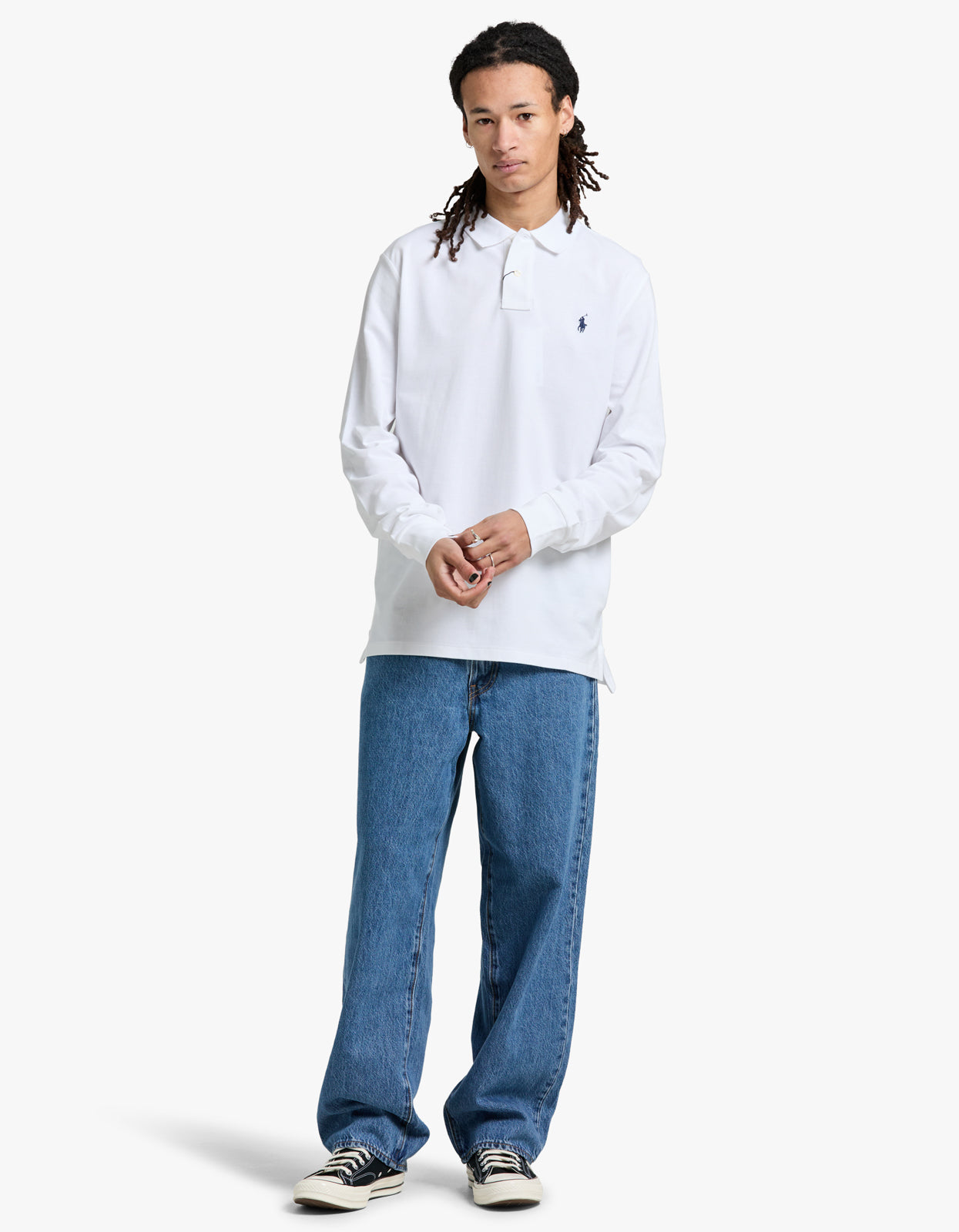 Custom Slim Fit Mesh L/S Polo Shirt - White