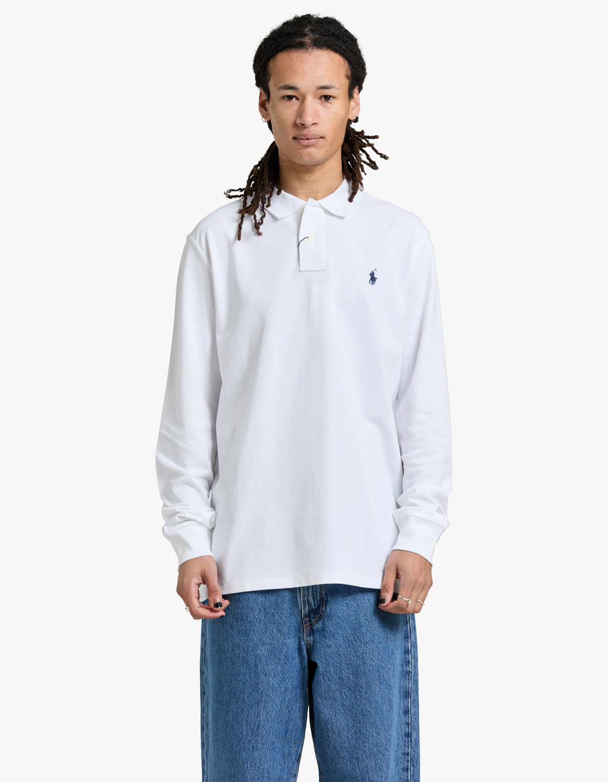 Custom Slim Fit Mesh L/S Polo Shirt - White