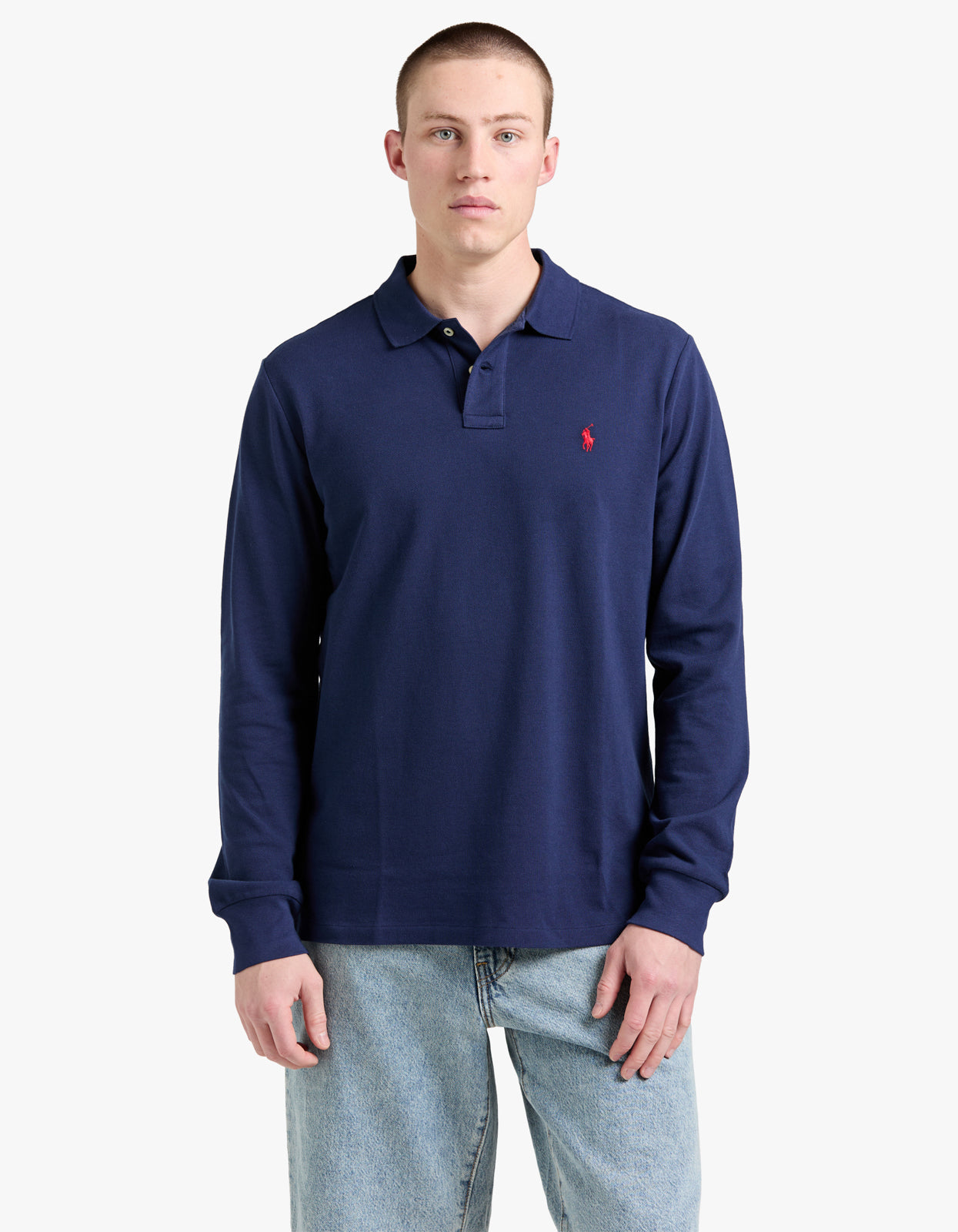 Custom Slim Fit Mesh L/S Polo Shirt - Newport Navy/C3870