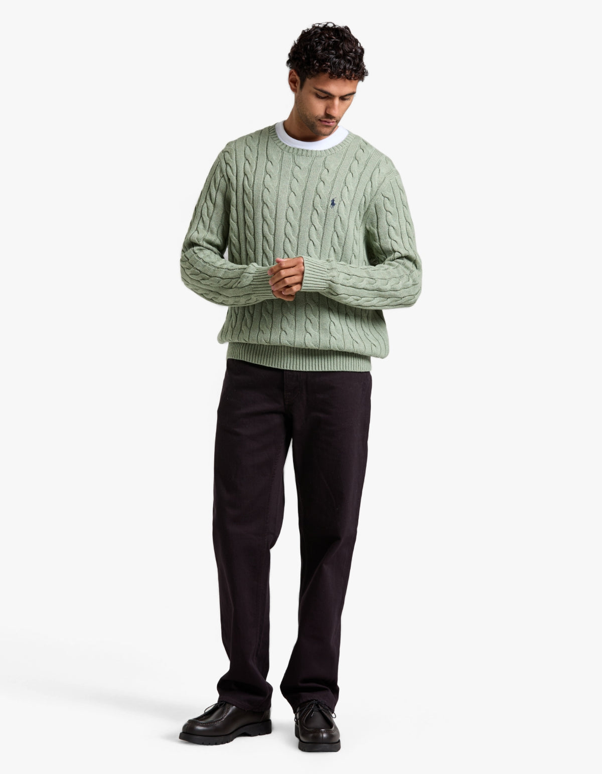 Cable Knit Cotton Sweater - Fern Green Heather