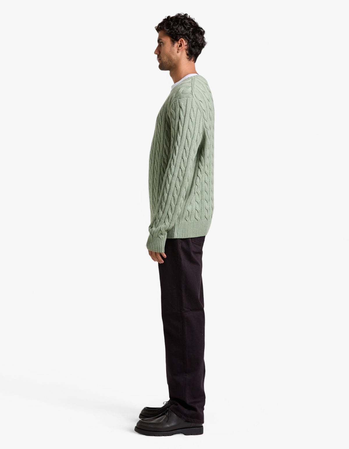 Cable Knit Cotton Sweater - Fern Green Heather