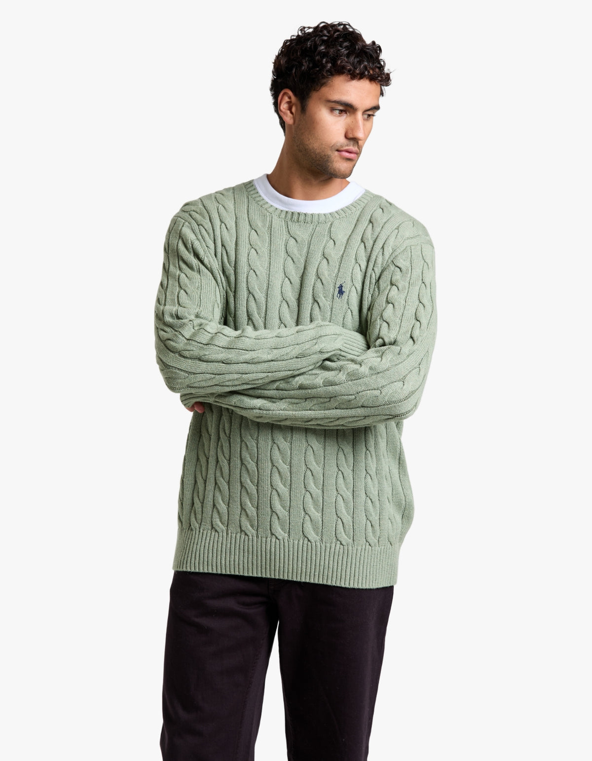 Cable Knit Cotton Sweater - Fern Green Heather