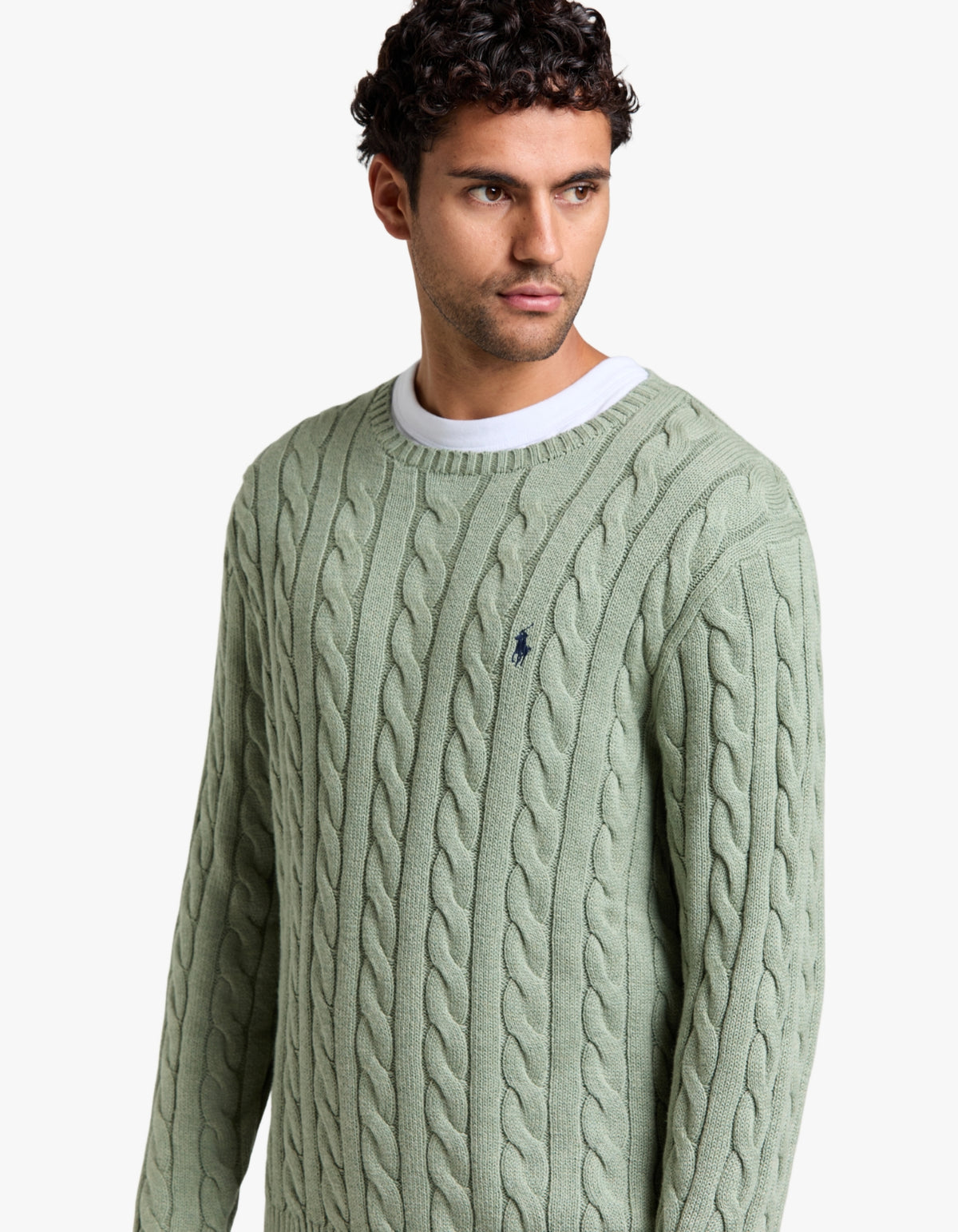 Cable Knit Cotton Sweater - Fern Green Heather