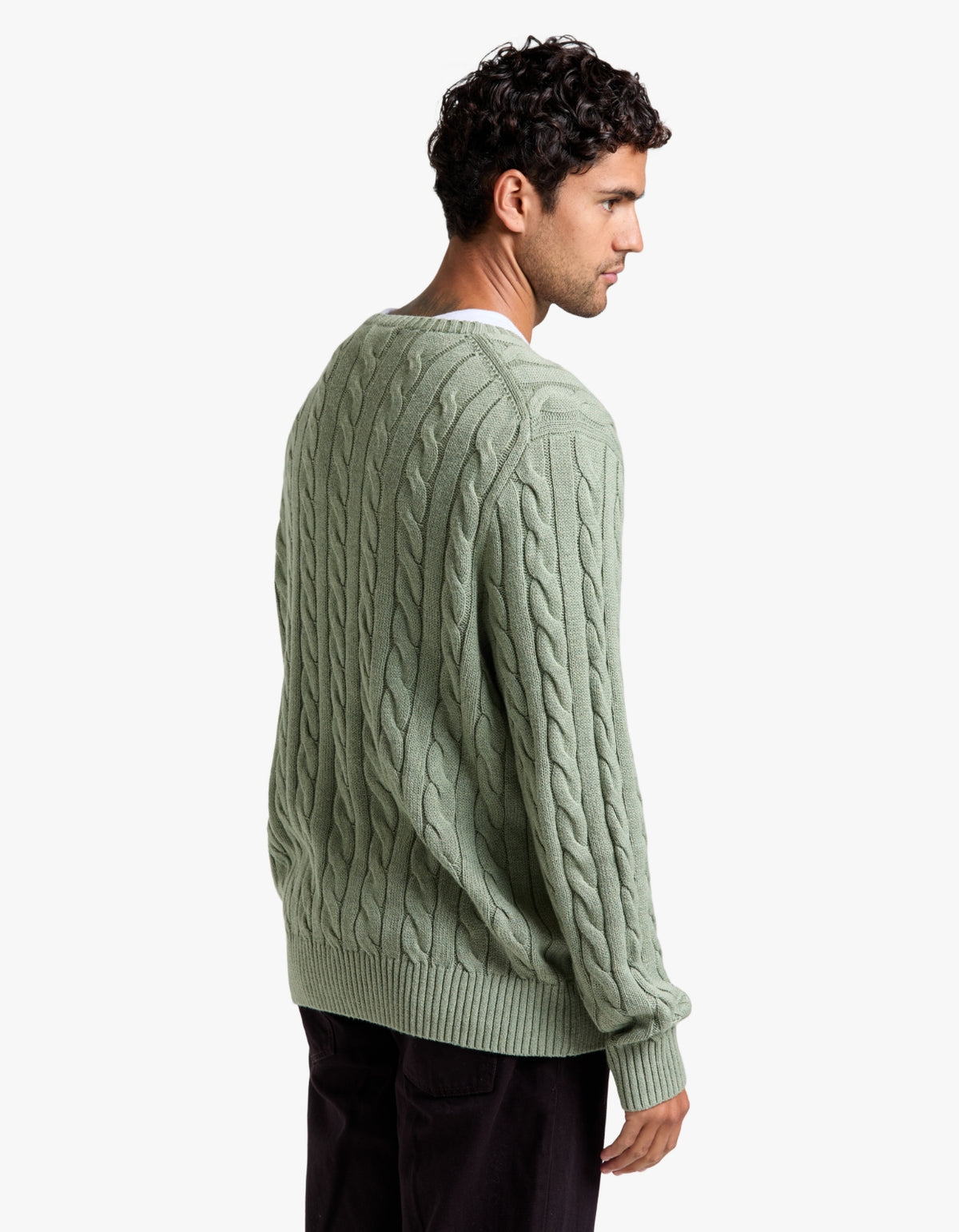 Cable Knit Cotton Sweater - Fern Green Heather