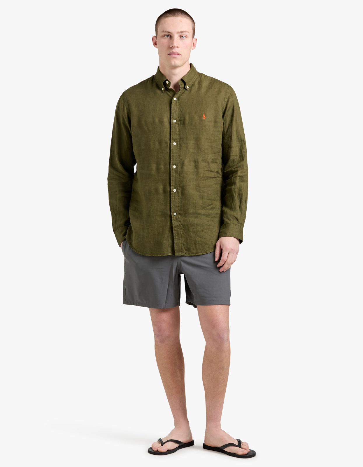 Long Sleeve Linen Sport Shirt - New Olive