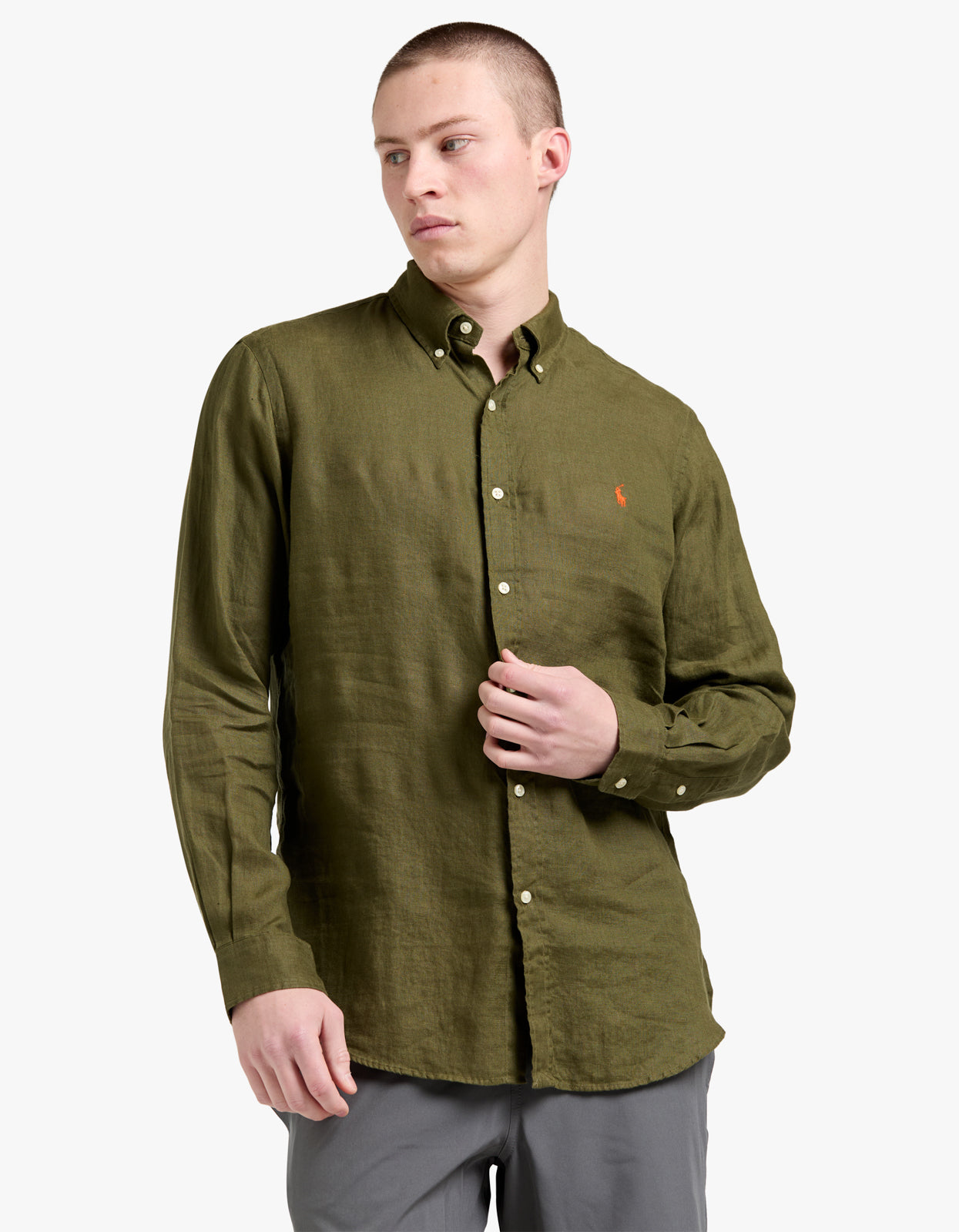 Long Sleeve Linen Sport Shirt - New Olive
