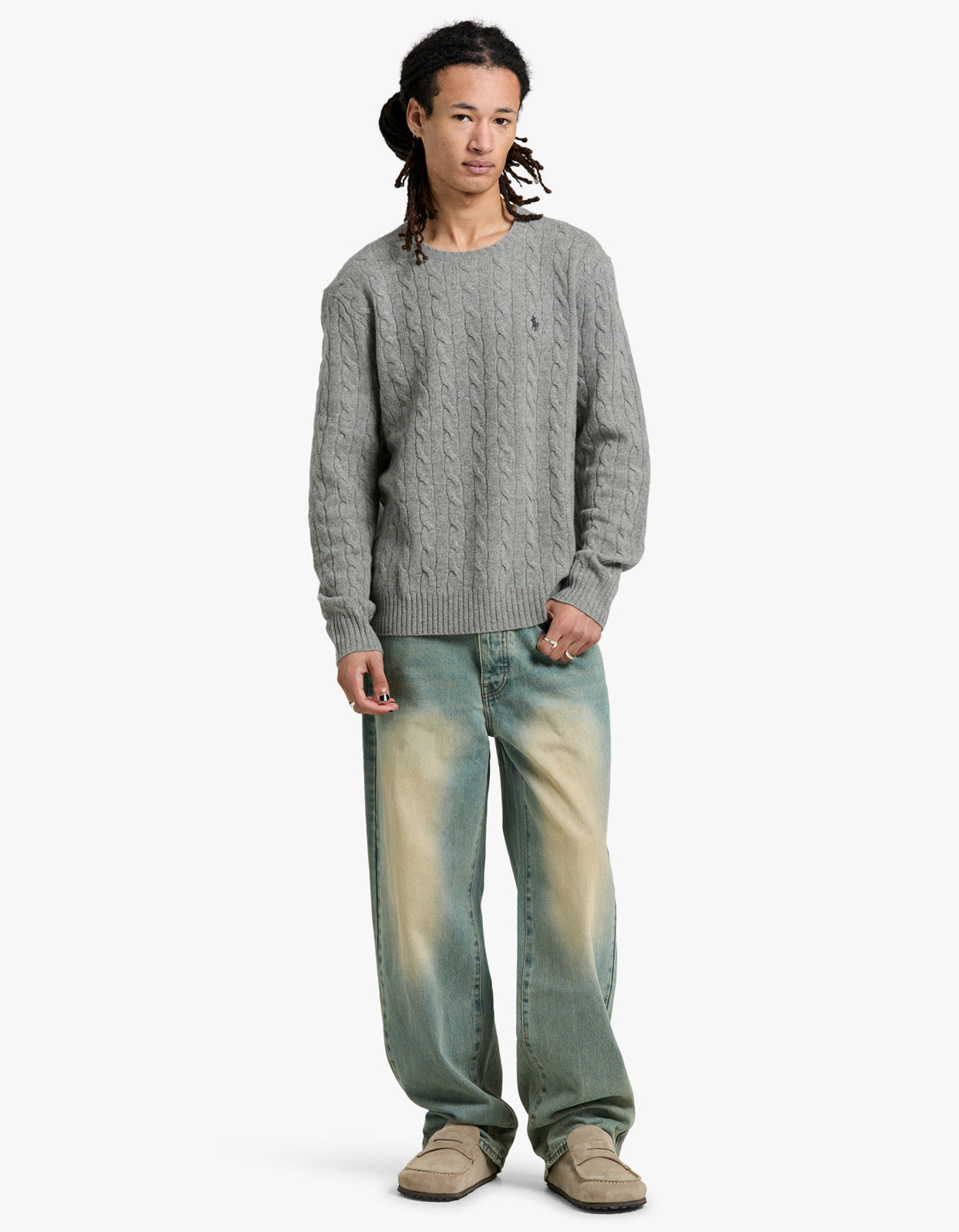 Long Sleeve Cable Sweater - Fawn Grey Heather