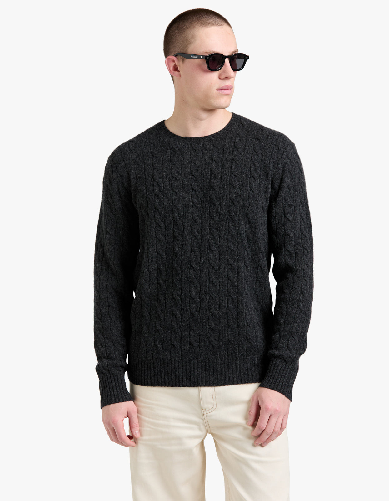 Long Sleeve Cable Knit Sweater - Dark Granite Hthr