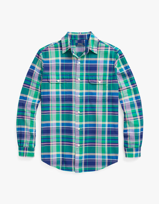 Custom Fit Long Sleeve Sport Shirt - 6273 Green/Navy Multi