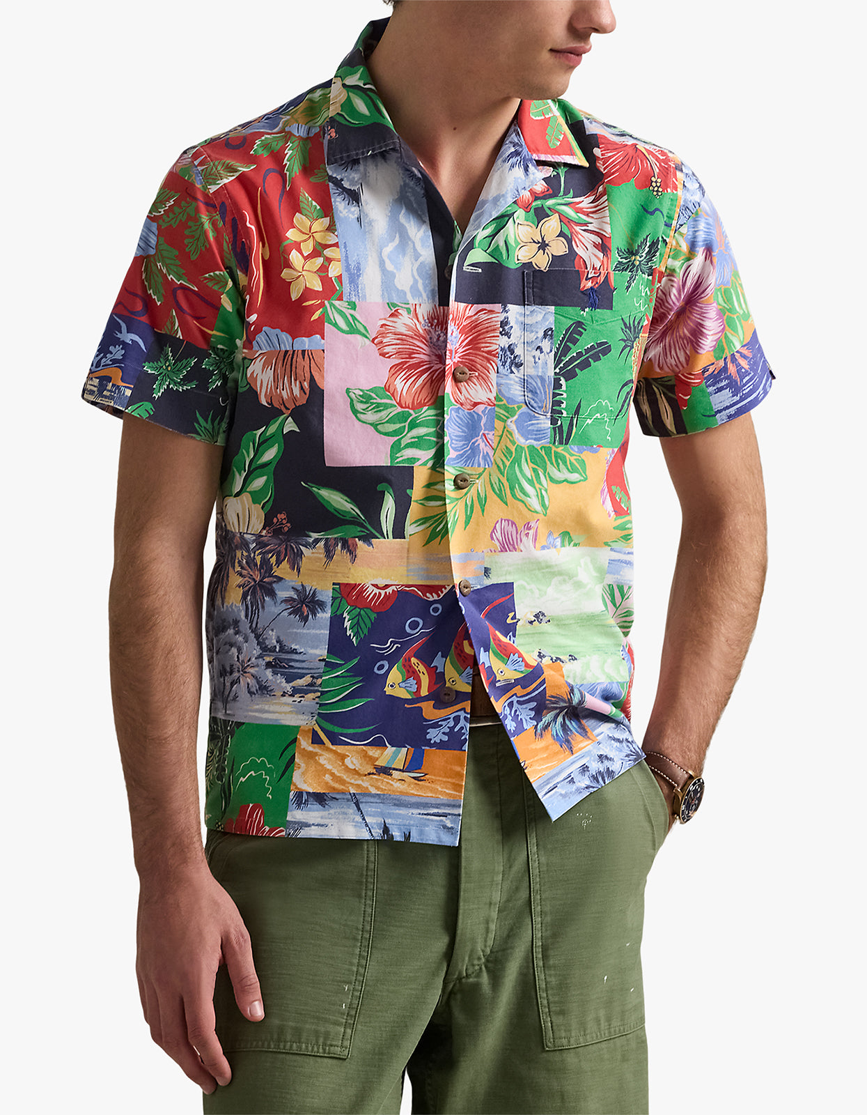 Classic Fit Patchwork Print Oxford Shirt- 6713 Beach Bazaar Patchwork