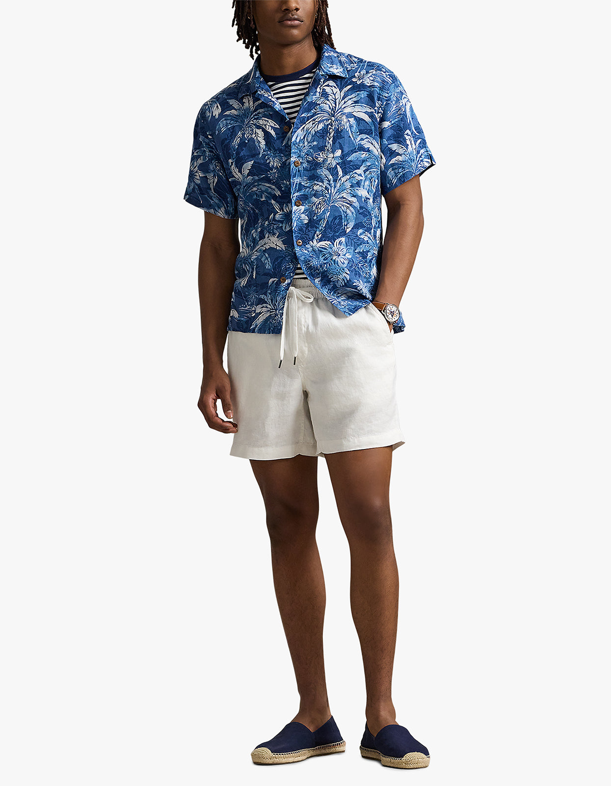 Classic Fit Tropical Print Linen Shirt - 6710 Indigo Palm Shadow