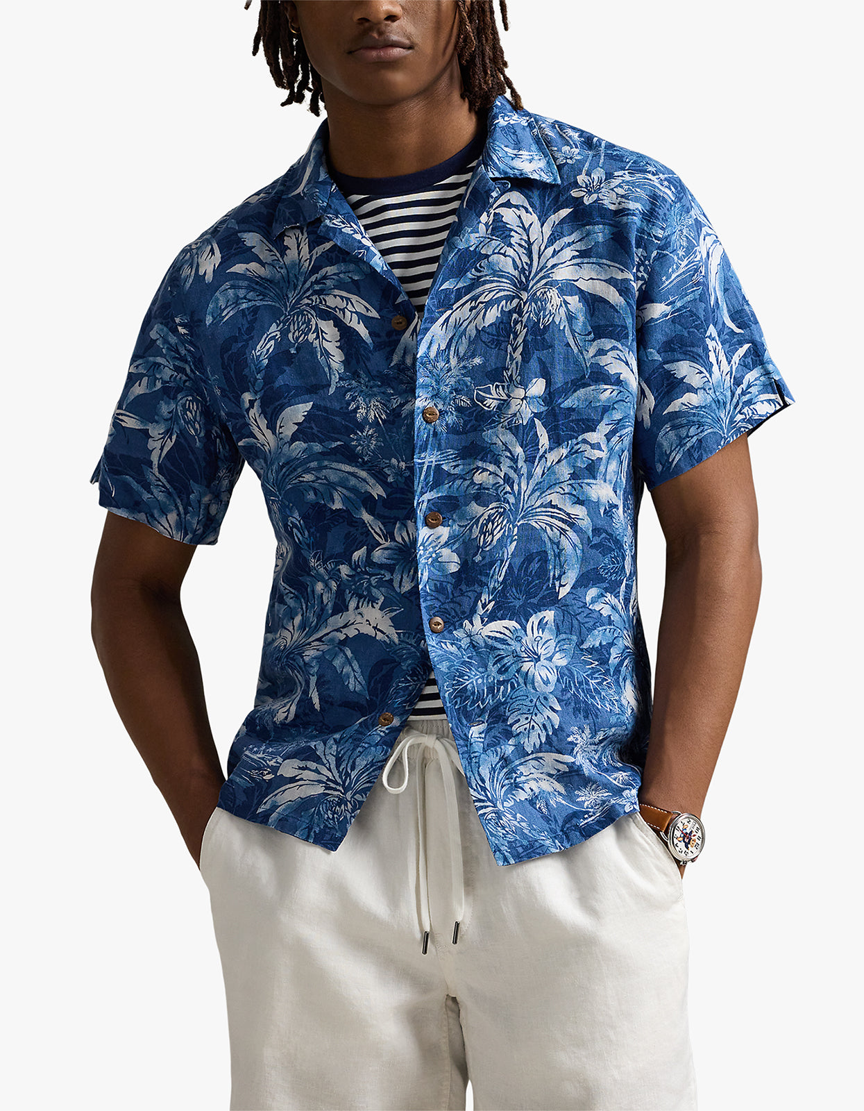 Classic Fit Tropical Print Linen Shirt - 6710 Indigo Palm Shadow