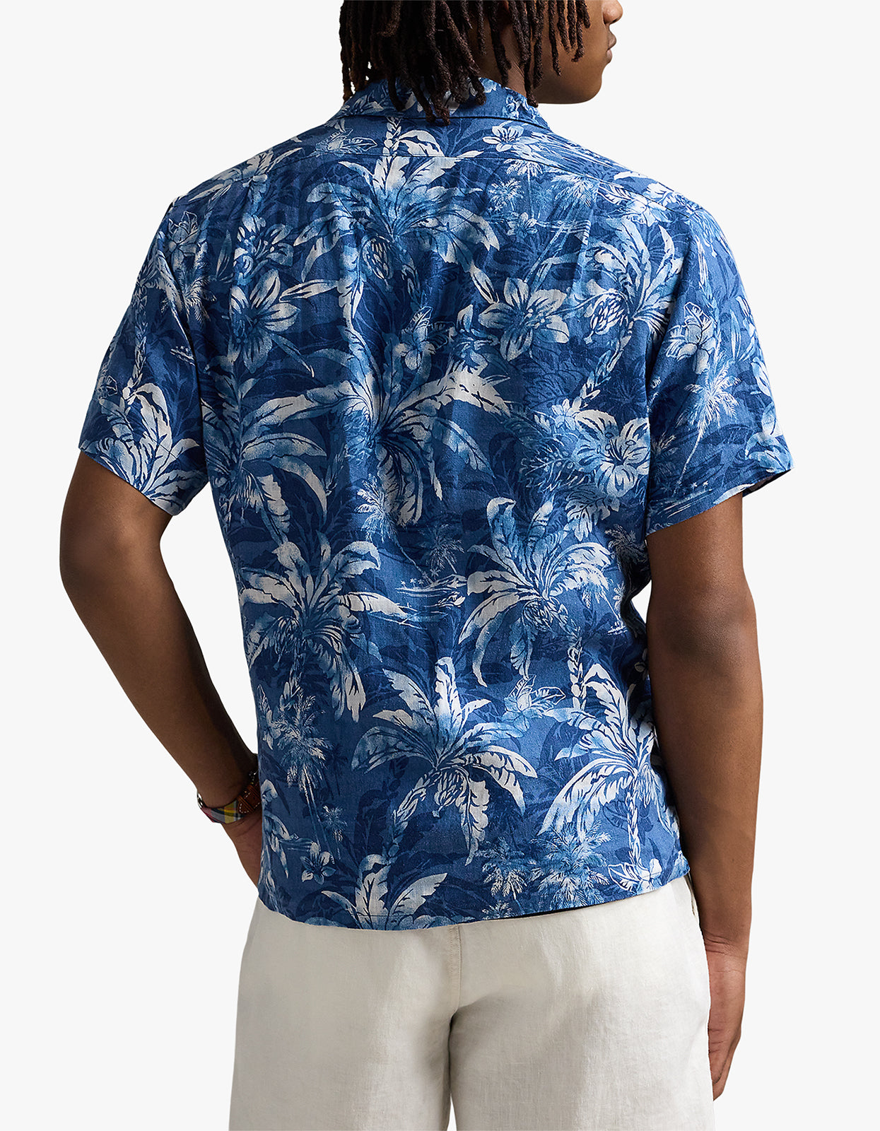 Classic Fit Tropical Print Linen Shirt - 6710 Indigo Palm Shadow