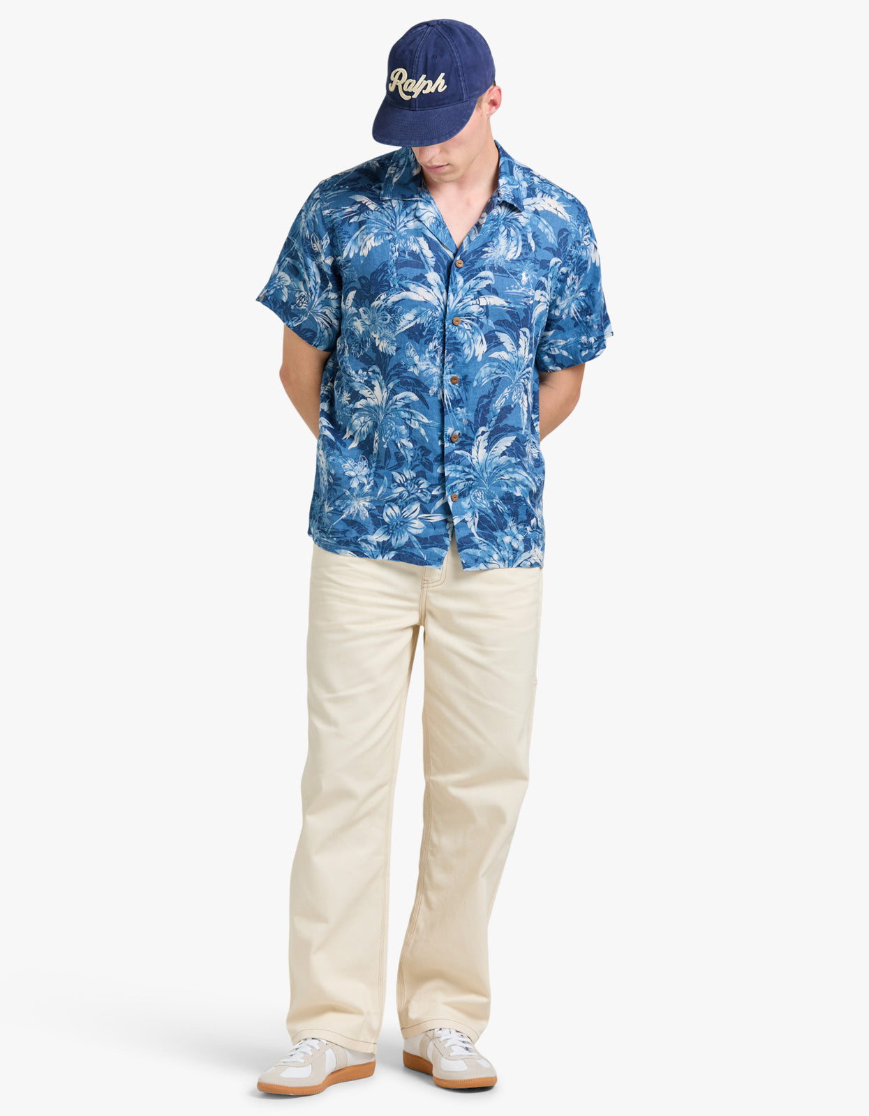 Classic Fit Tropical Print Linen Shirt - 6710 Indigo Palm Shadow