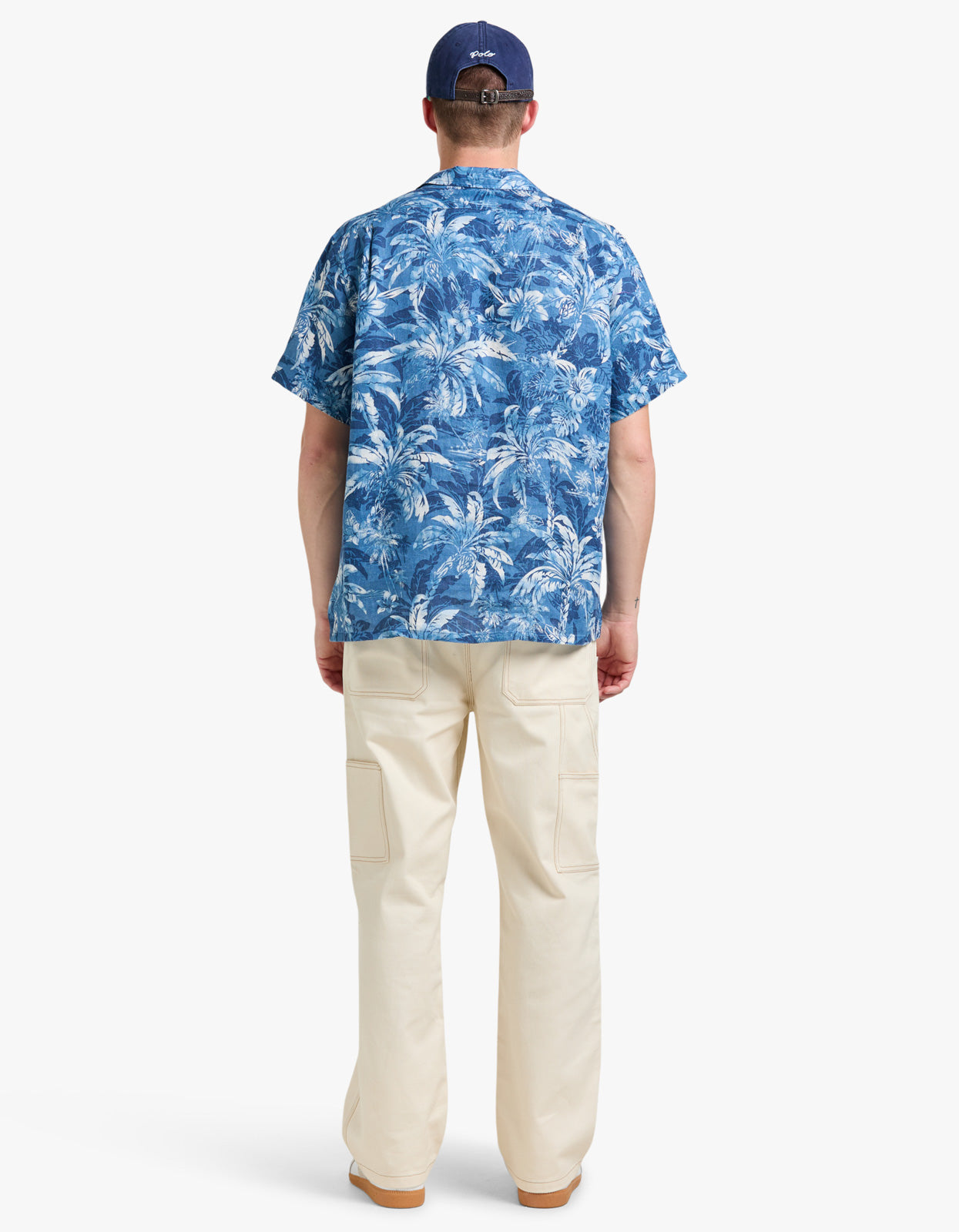 Classic Fit Tropical Print Linen Shirt - 6710 Indigo Palm Shadow